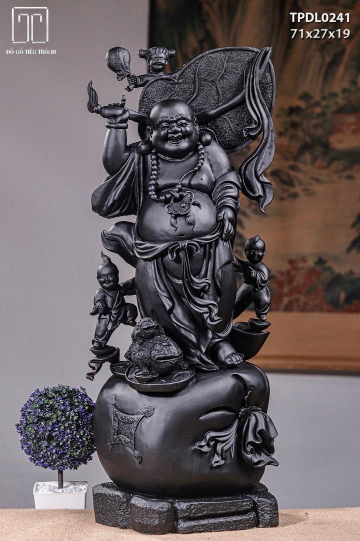 Di Lạc Tam Tiểu Đứng Bao Tiền Gỗ Mun Sừng Khánh Hoà