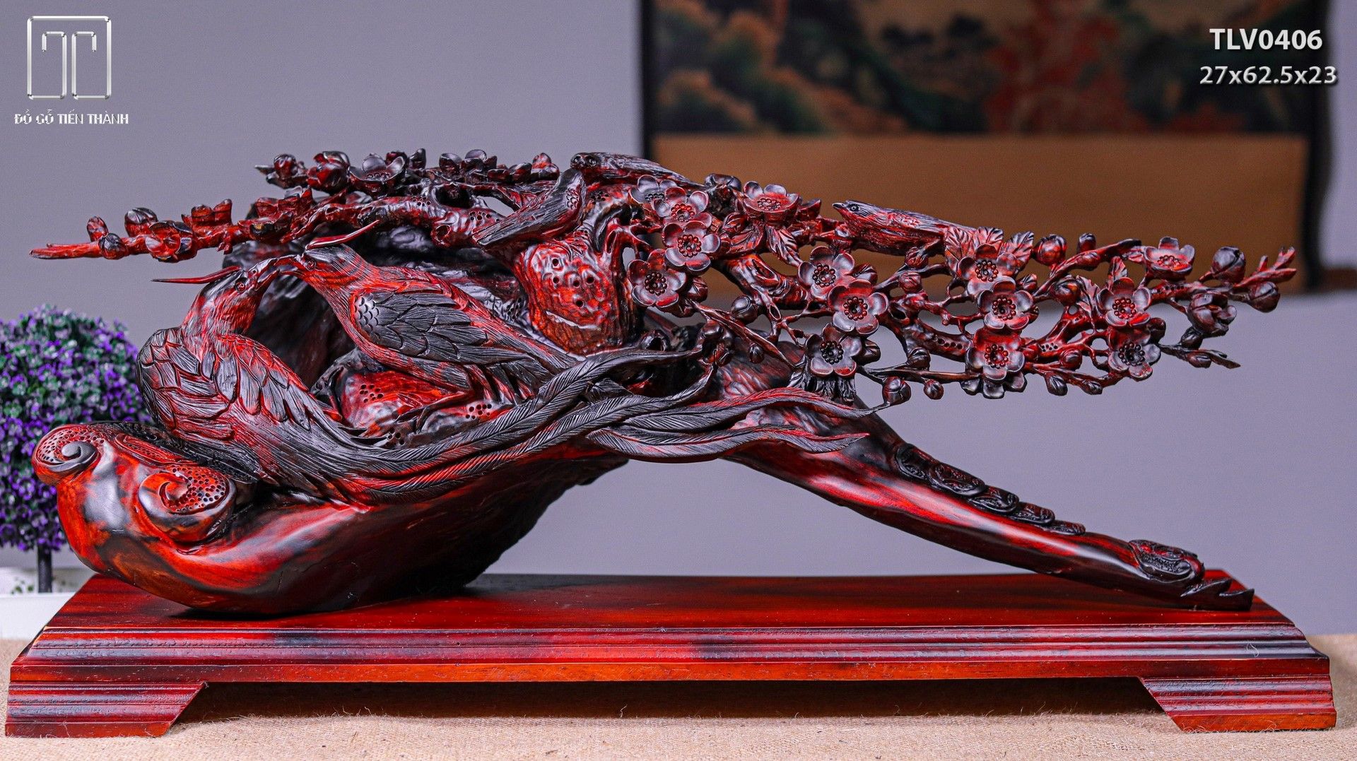 Cầu Gậy Như Ý Đôi Chim Trĩ Hoa Mai Gỗ Trắc