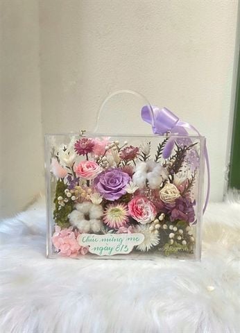 Hộp hoa khô tone hồng tím W22xH18xD12cm