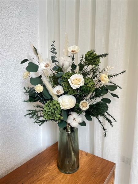 Bó hoa khô tone xanh trắng