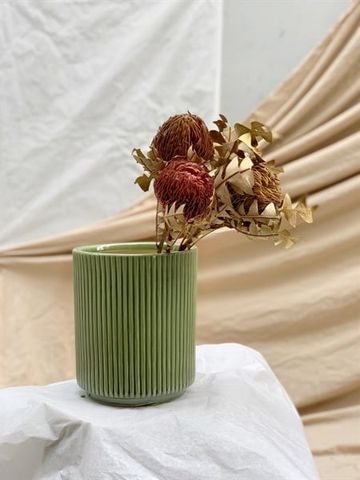 Chậu gốm hình trụ màu xanh olive 044