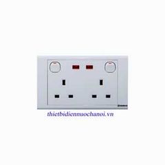 Ổ cắm Sino đôi 13A 3 chấu vuông kiểu Anh có công tắc và đèn báo S1825SN