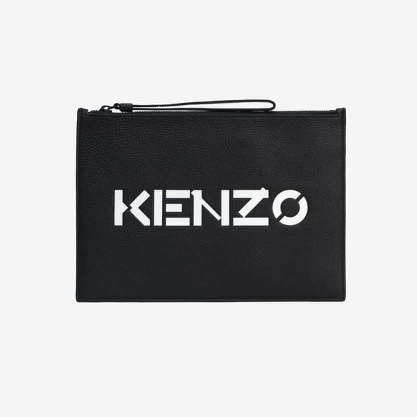  KENZO Logo Large Leather Clutch - Black/White 