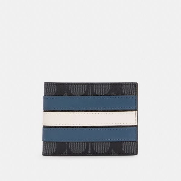  Coach Slim Billfold Wallet In Signature Canvas With Varsity Stripe - Charcoal / Denim 