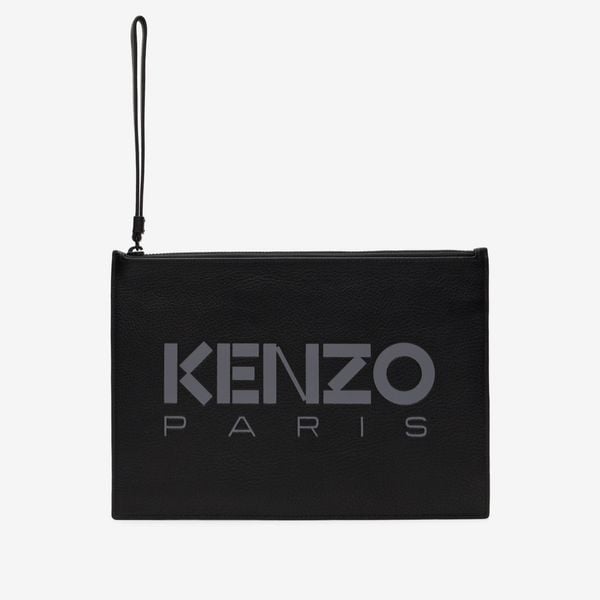  KENZO Logo Large Leather Clutch - Black/Grey 