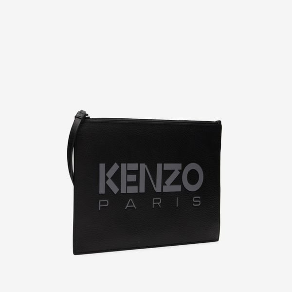  KENZO Logo Large Leather Clutch - Black/Grey 