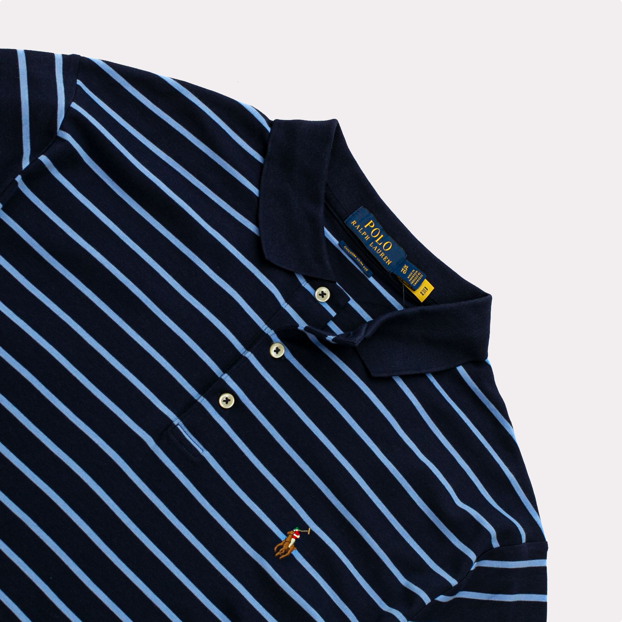  Ralph Lauren Soft Cotton Polo Shirt - Navy Blue Stripe (Custom Slim) 