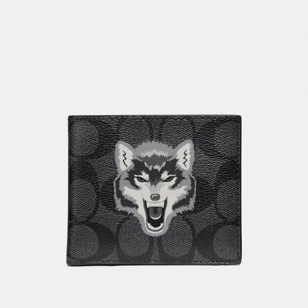  Coach Double Billfold Wallet In Signature Canvas With Wolf Motif 