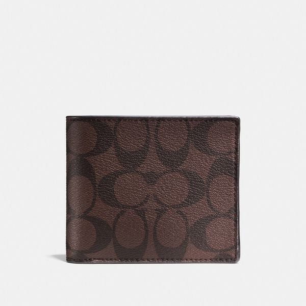  Coach Compact ID Wallet in Signature - Gunmetal / Mahogany 