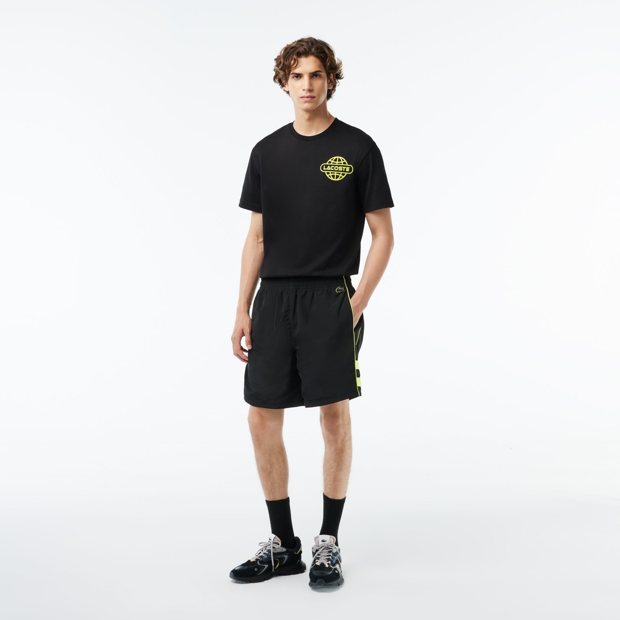  Lacoste Relaxed Fit Recycled Fiber Embroidered Shorts - Black 