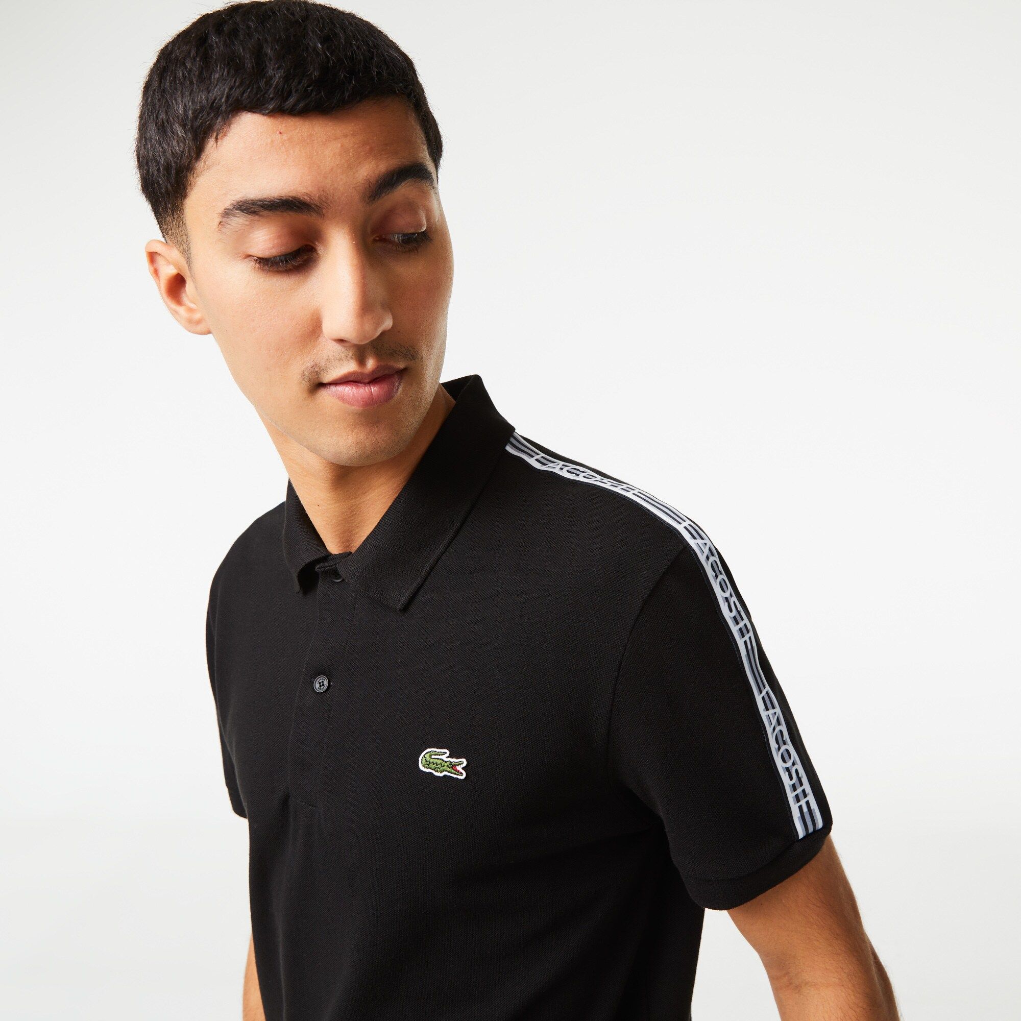  Lacoste Logo Stripe Piqué Polo Shirt - Black 