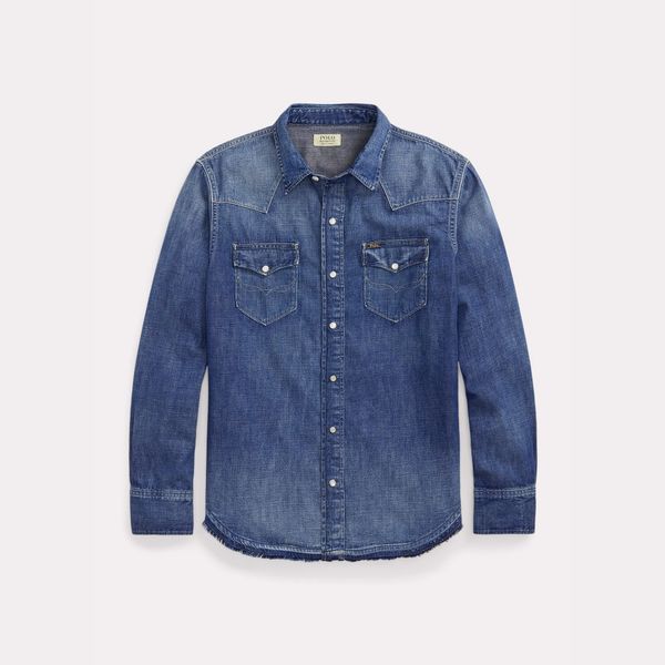  Ralph Lauren Frayed-Hem Denim Western Shirt 