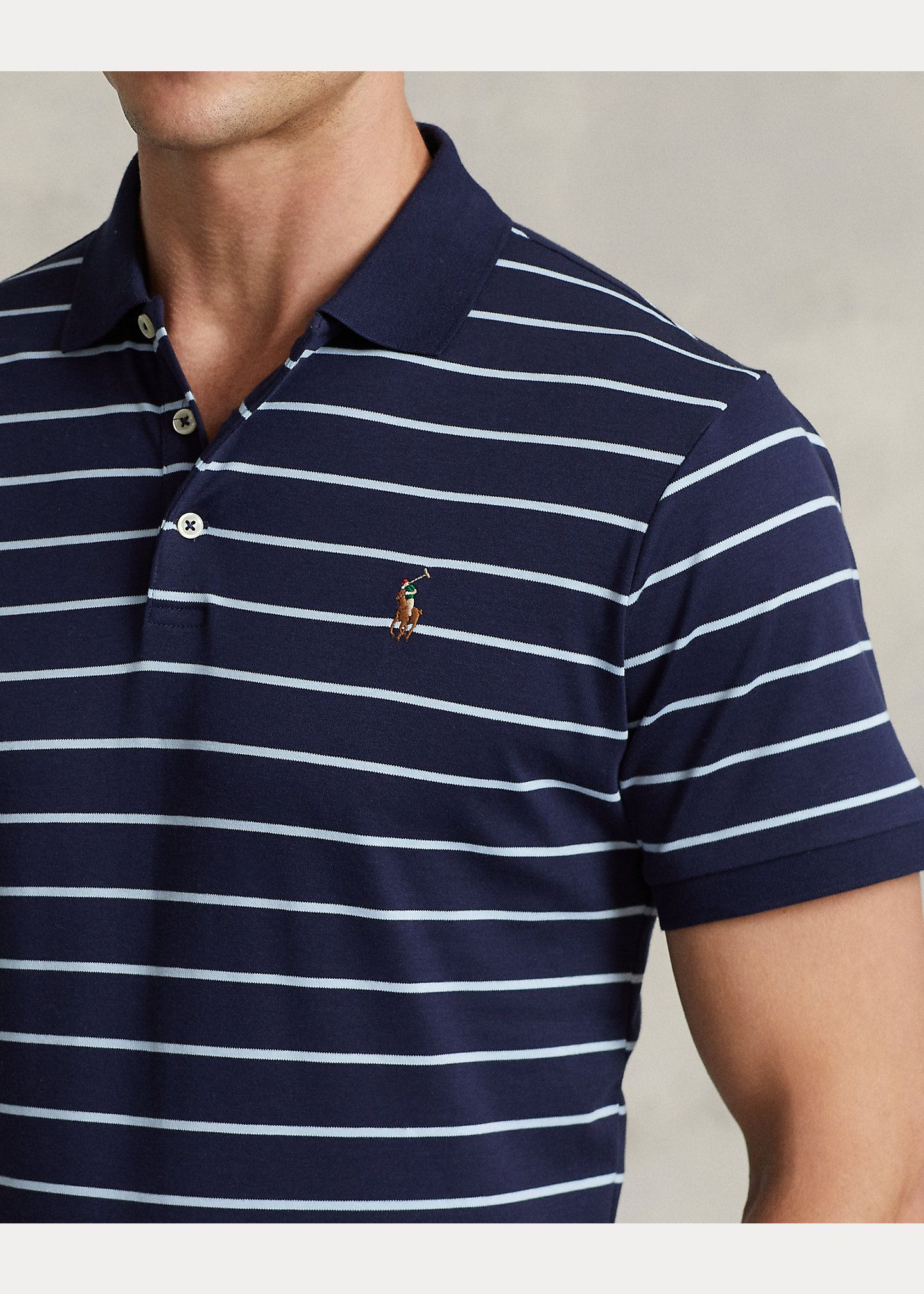  Ralph Lauren Soft Cotton Polo Shirt - Navy Blue Stripe (Custom Slim) 