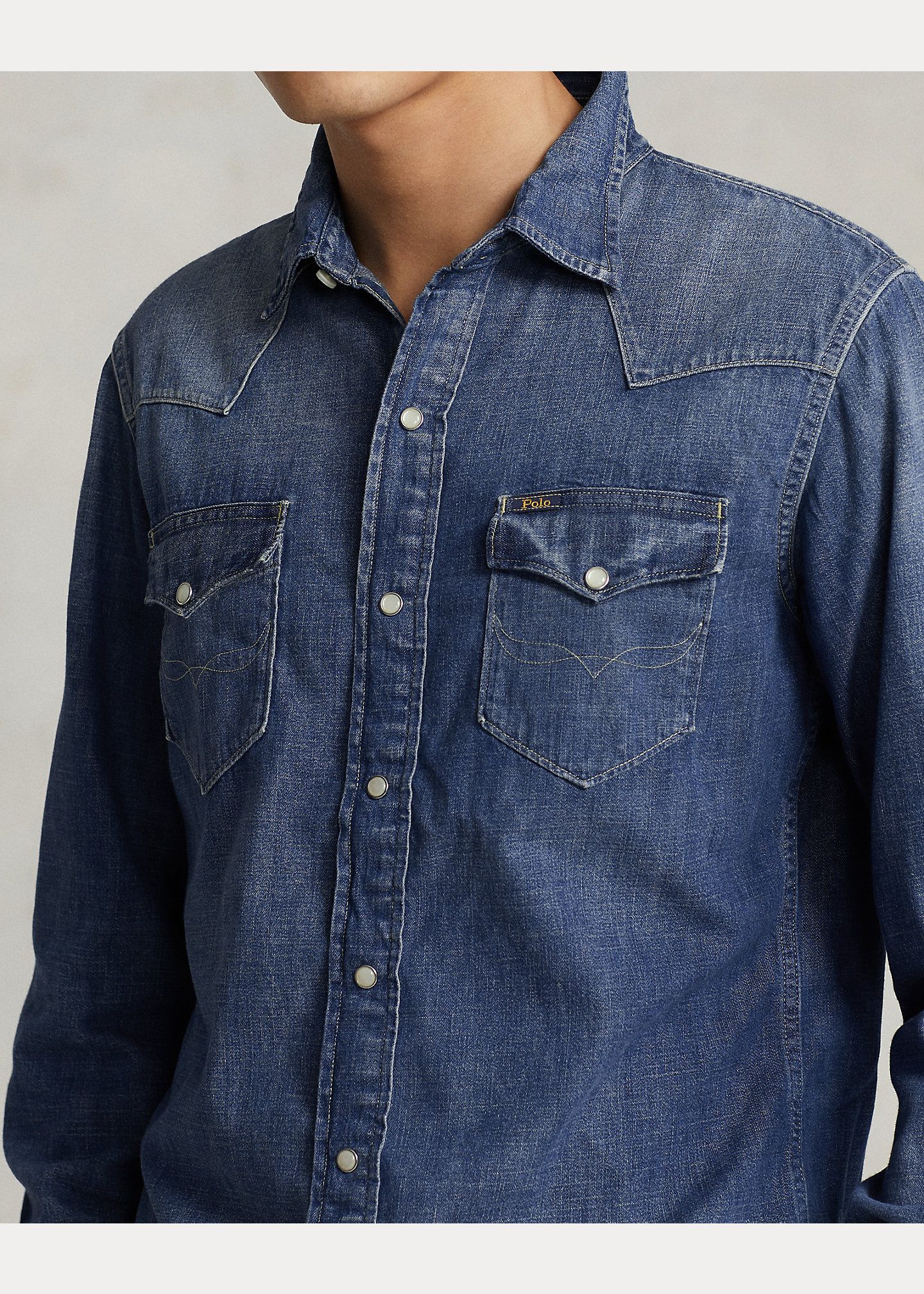  Ralph Lauren Frayed-Hem Denim Western Shirt 