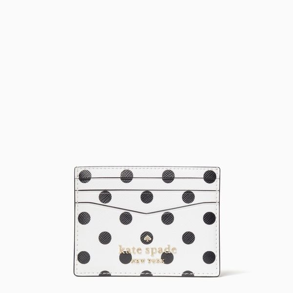  Kate Spade Staci Small Slim Card Holder - White/Black Polka Dots 