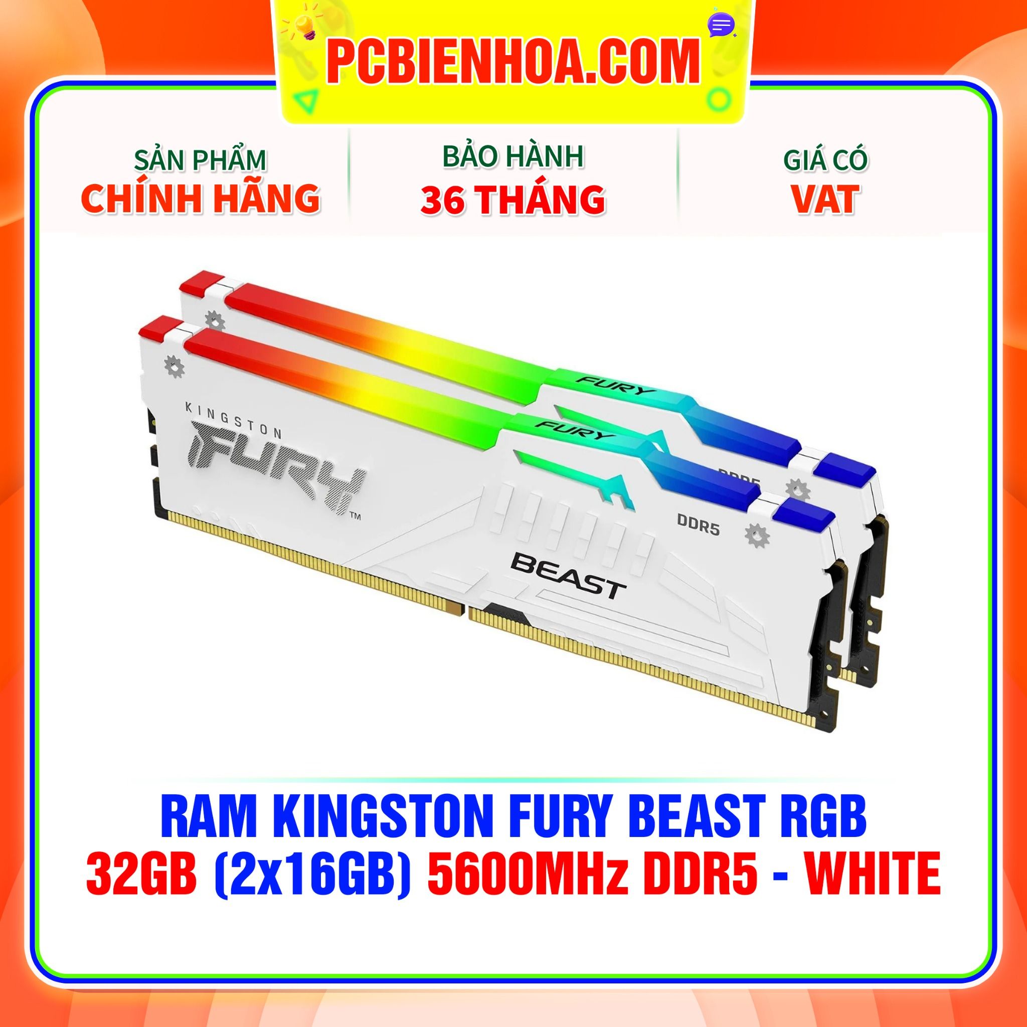  RAM KINGSTON FURY BEAST RGB 32GB (2x16GB) 5600MHz DDR5 - WHITE ( KF556C40BWAK2-32 ) 