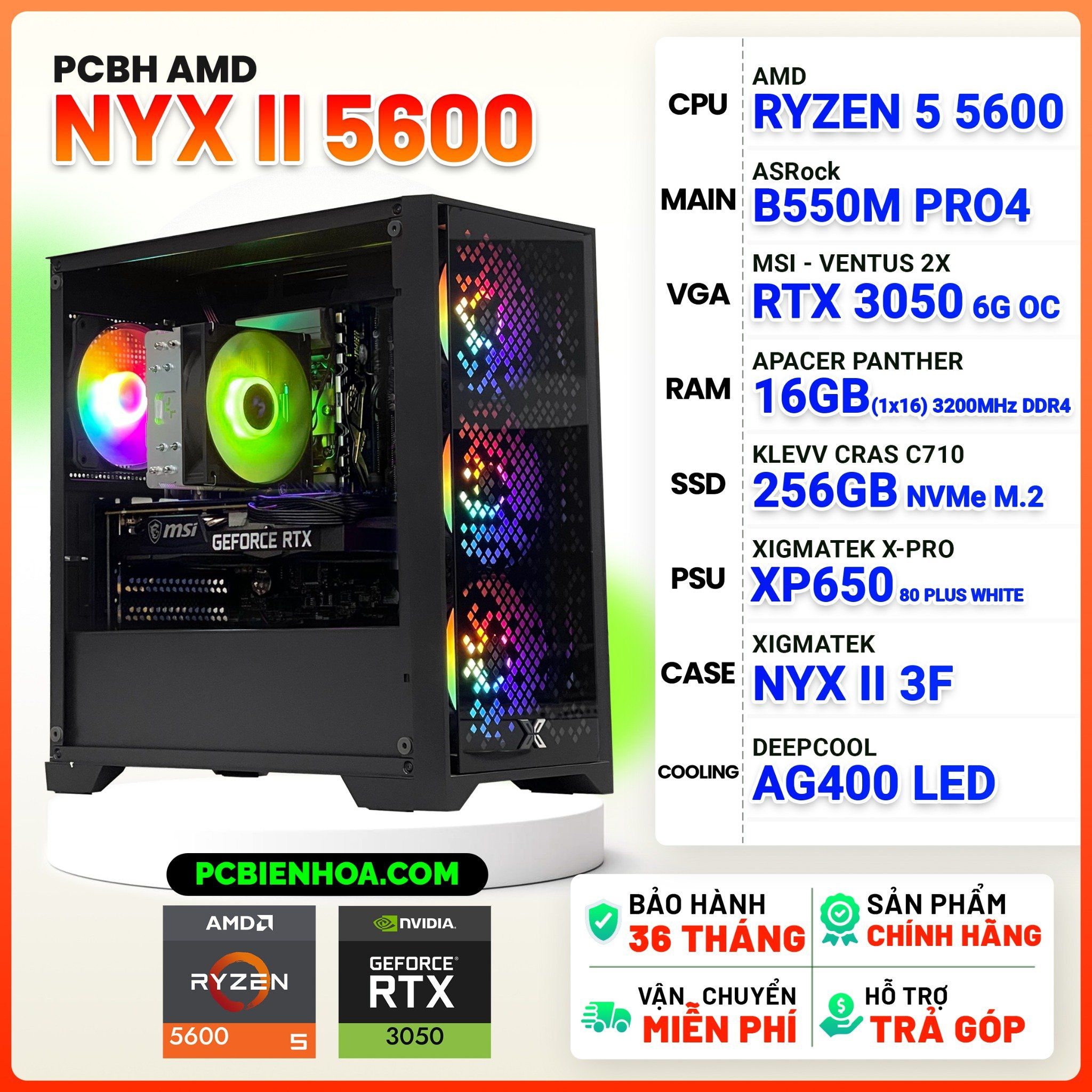  PCBH AMD NYX II RYZEN 5 5600 / B550M / 16GB / RTX3050 6GB / 256GB 