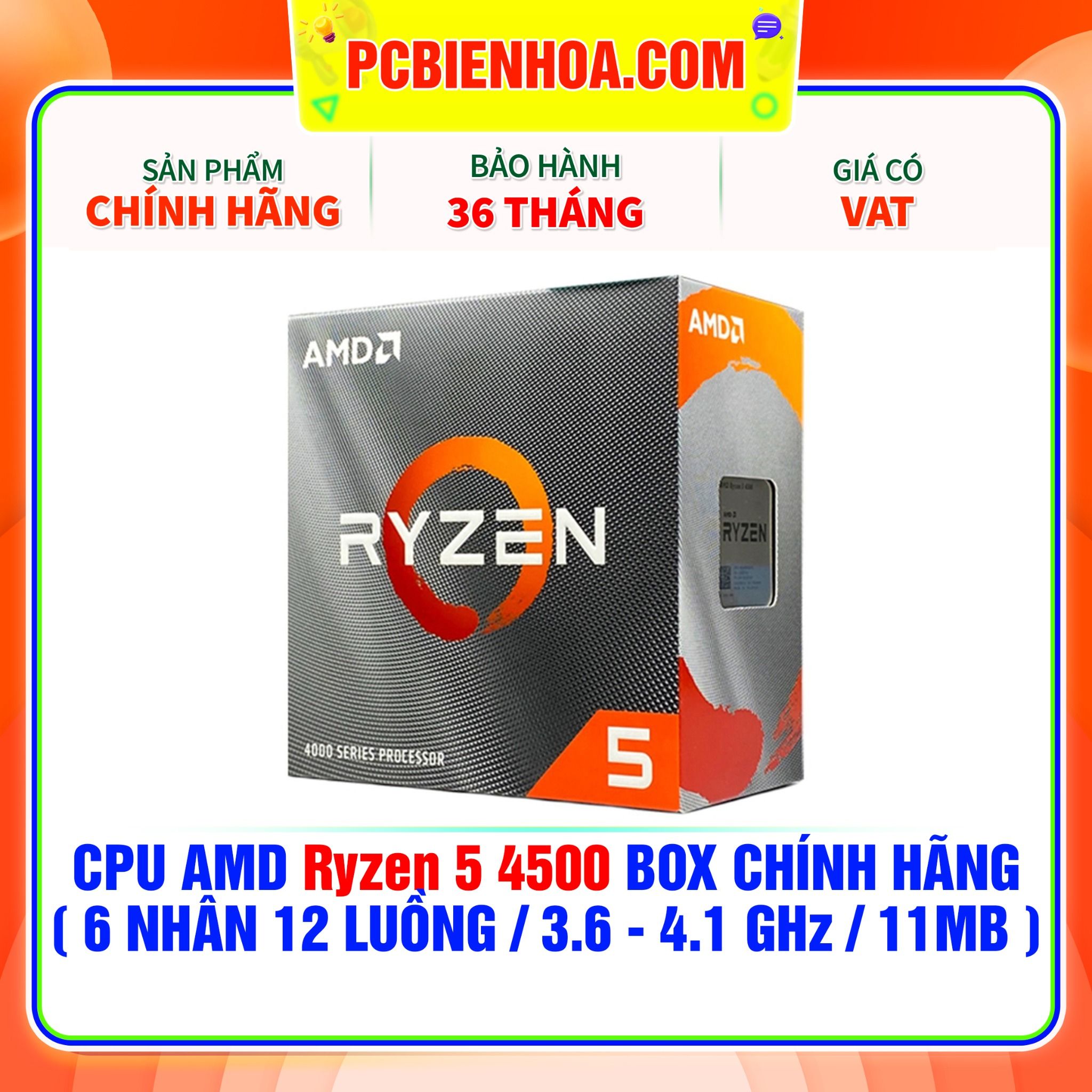  CPU AMD Ryzen 5 4500 BOX CHÍNH HÃNG ( 6 NHÂN 12 LUỒNG / 3.6 - 4.1 GHz / 11MB ) 