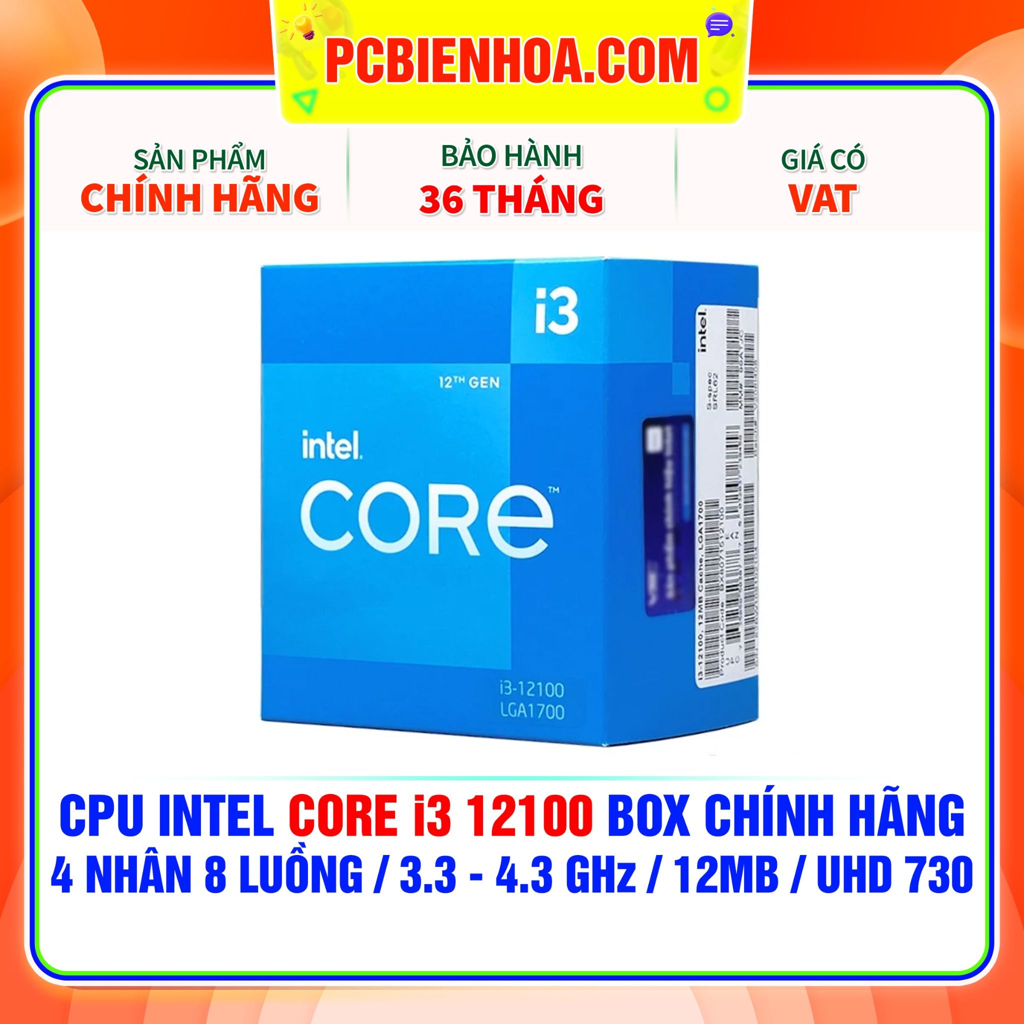  CPU INTEL CORE i3 12100 BOX CHÍNH HÃNG ( 4 NHÂN 8 LUỒNG / 3.3 - 4.3 GHz / 12MB / INTEL® UHD GRAPHICS 730 ) 