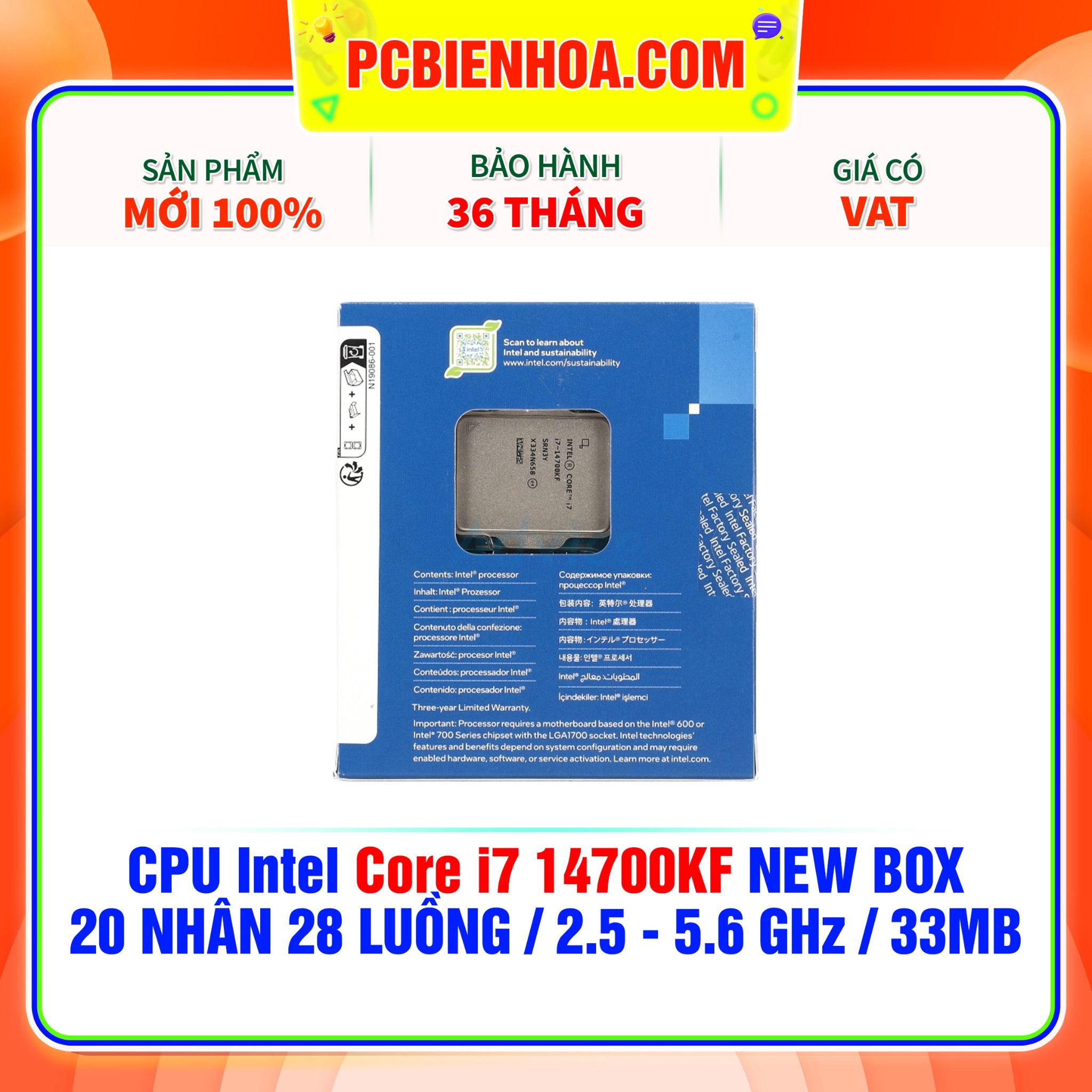  CPU Intel Core i7 14700KF NEW BOX ( 20 NHÂN 28 LUỒNG / 2.5 - 5.6 GHz / 33MB ) 