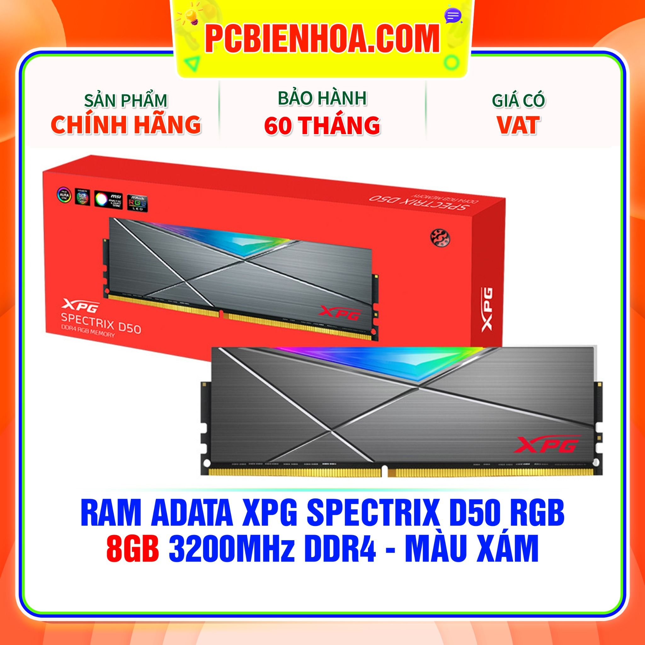  RAM ADATA XPG SPECTRIX D50 RGB - 8GB 3200MHz DDR4 - MÀU XÁM 