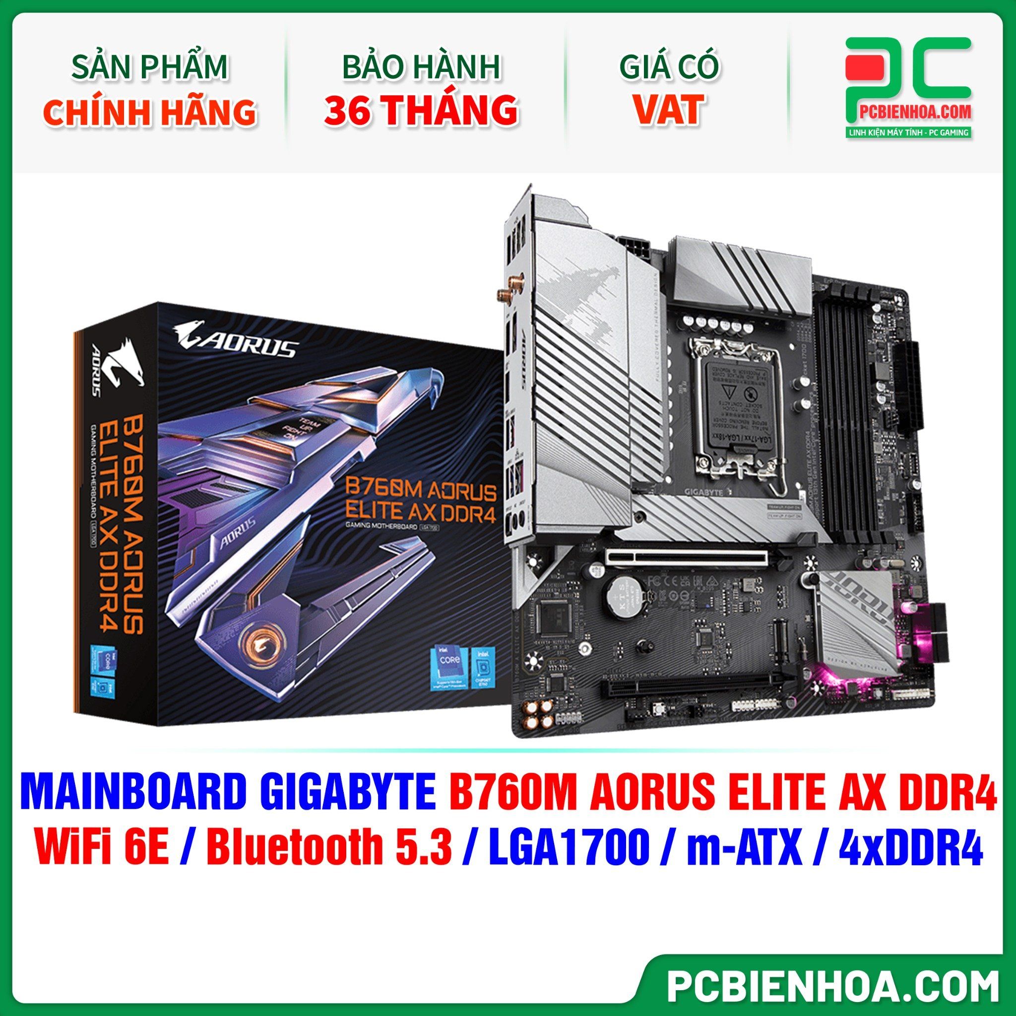  MAINBOARD GIGABYTE B760M AORUS ELITE AX DDR4 ( WiFi 6E / Bluetooth 5.3 / LGA1700 / m-ATX / 4xDDR4 ) 