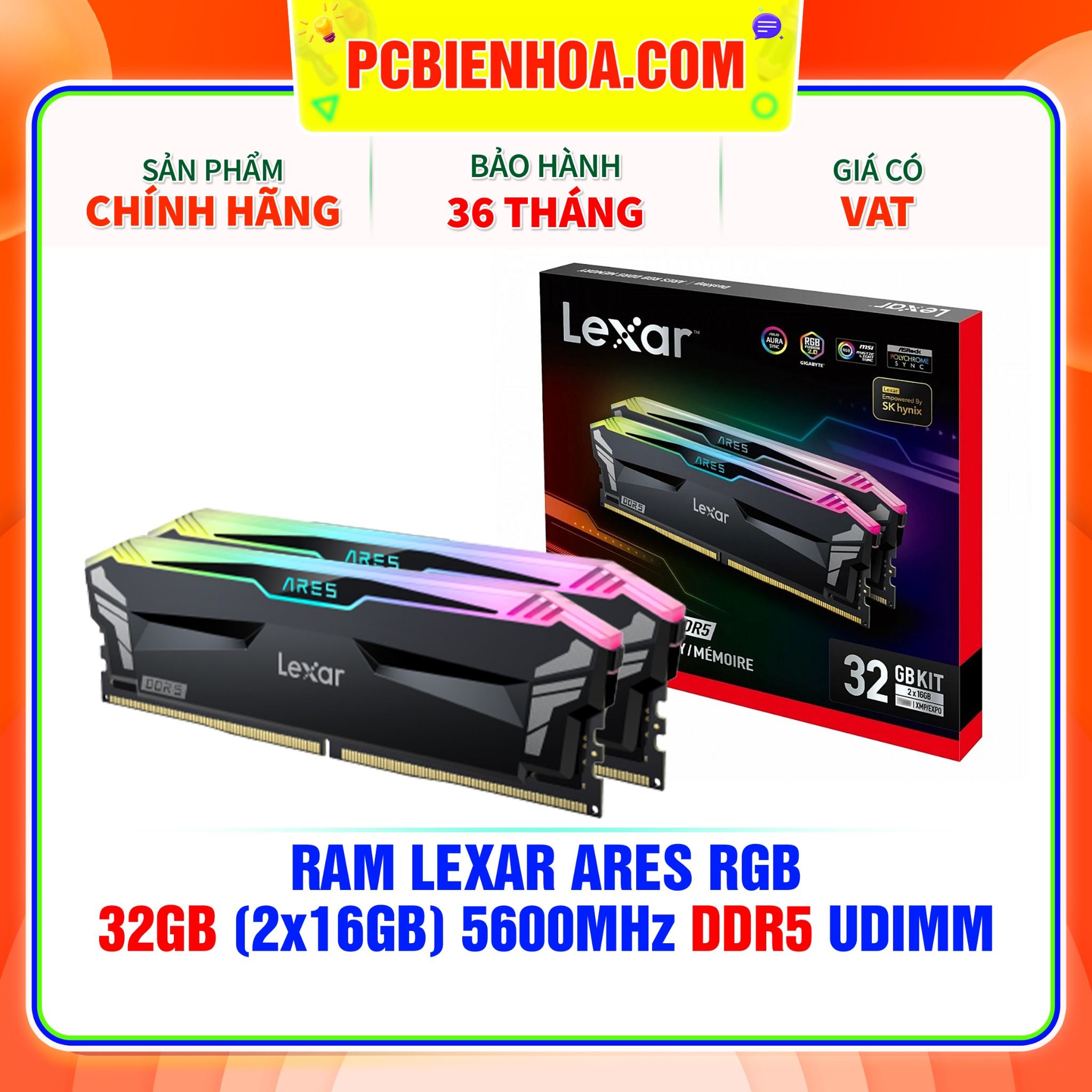  RAM LEXAR ARES RGB 32GB (2x16GB) 5600MHz DDR5 UDIMM ( LD5AU016G-R5600GDGA ) 
