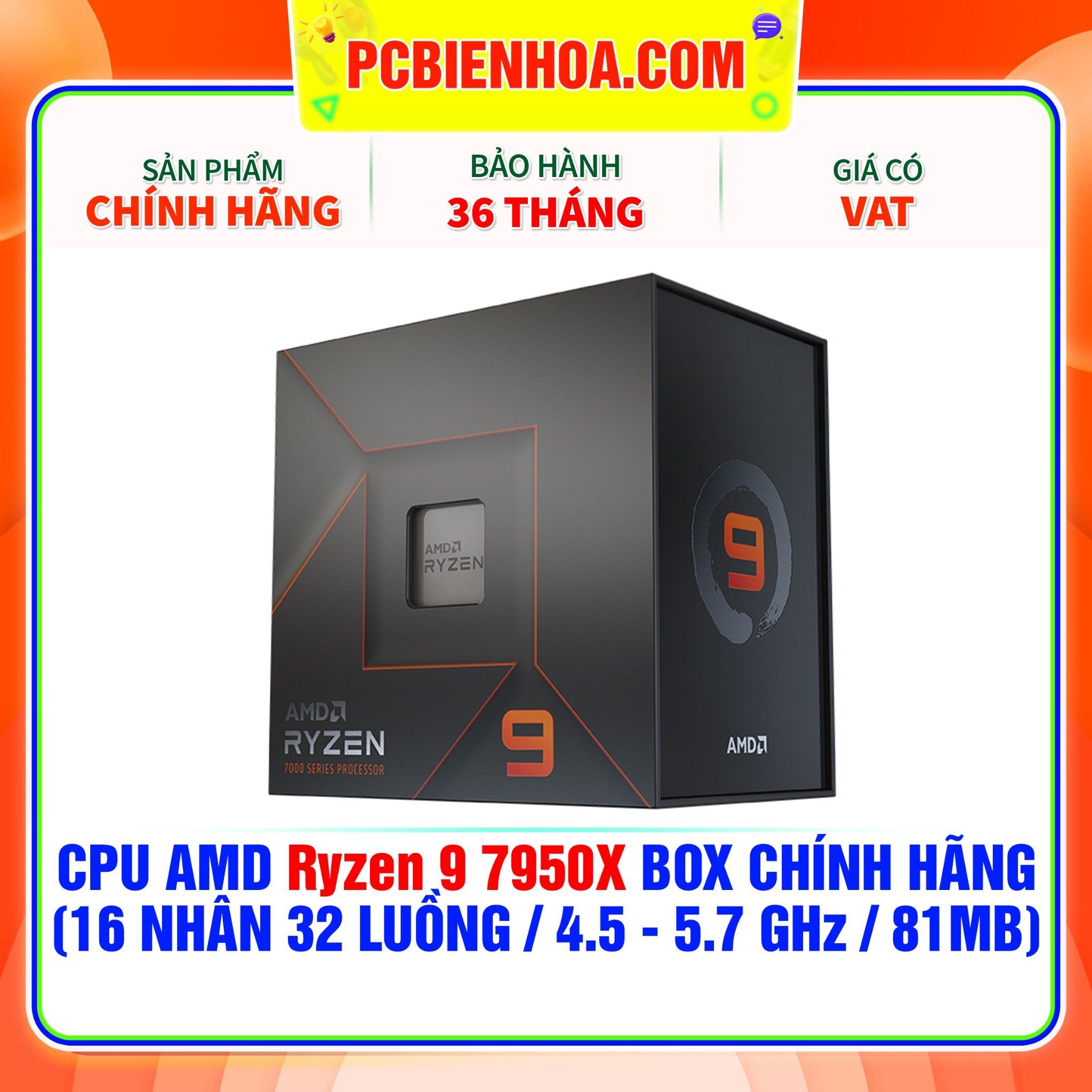  CPU AMD Ryzen 9 7950X BOX CHÍNH HÃNG ( 16 NHÂN 32 LUỒNG / 4.5 - 5.7 GHz / 81MB ) 