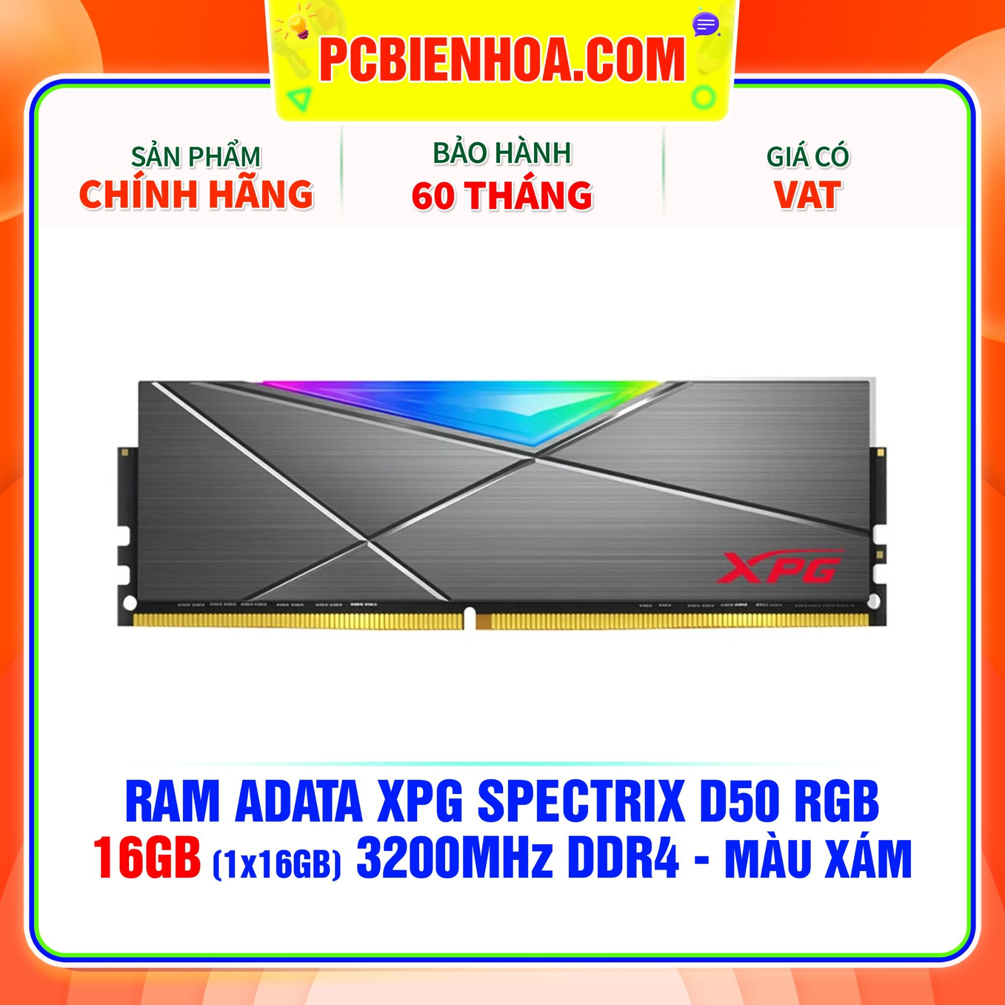  RAM ADATA XPG SPECTRIX D50 RGB - 16GB (1x16GB) 3200MHz DDR4 - MÀU XÁM 