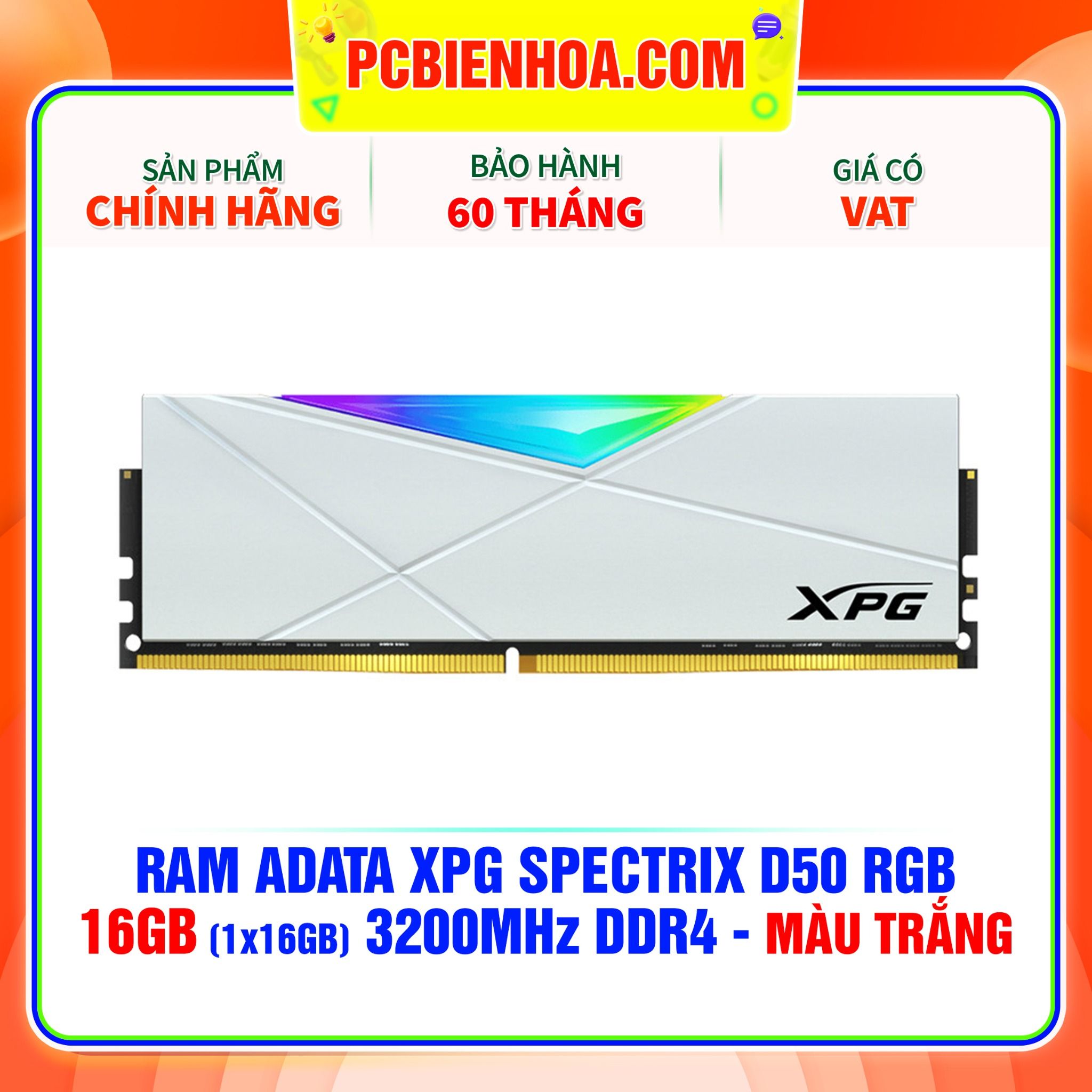  RAM ADATA XPG SPECTRIX D50 RGB - 16GB (1x16GB) 3200MHz DDR4 - MÀU TRẮNG 