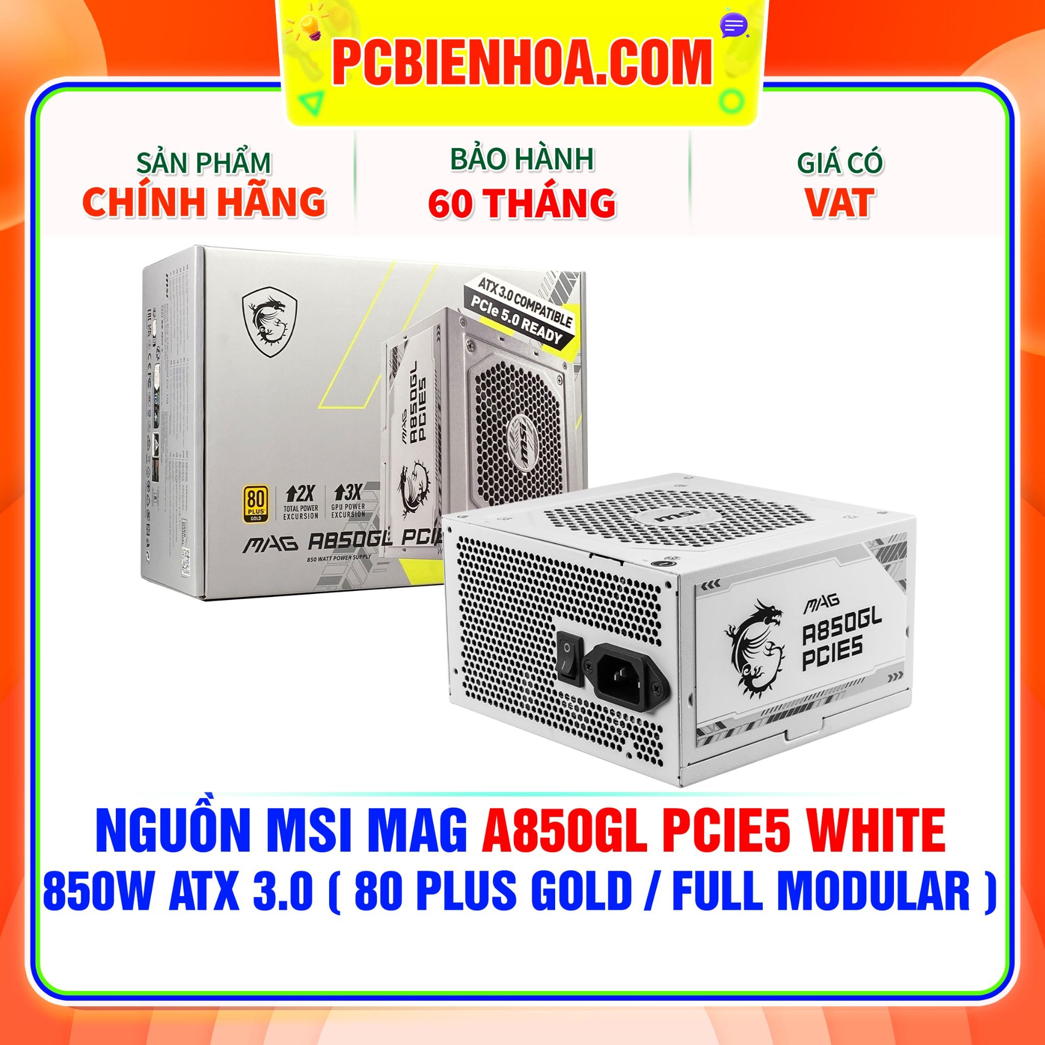  NGUỒN MSI MAG A850GL PCIE5 WHITE - 850W ATX 3.0 ( 80 PLUS GOLD / FULL MODULAR ) 