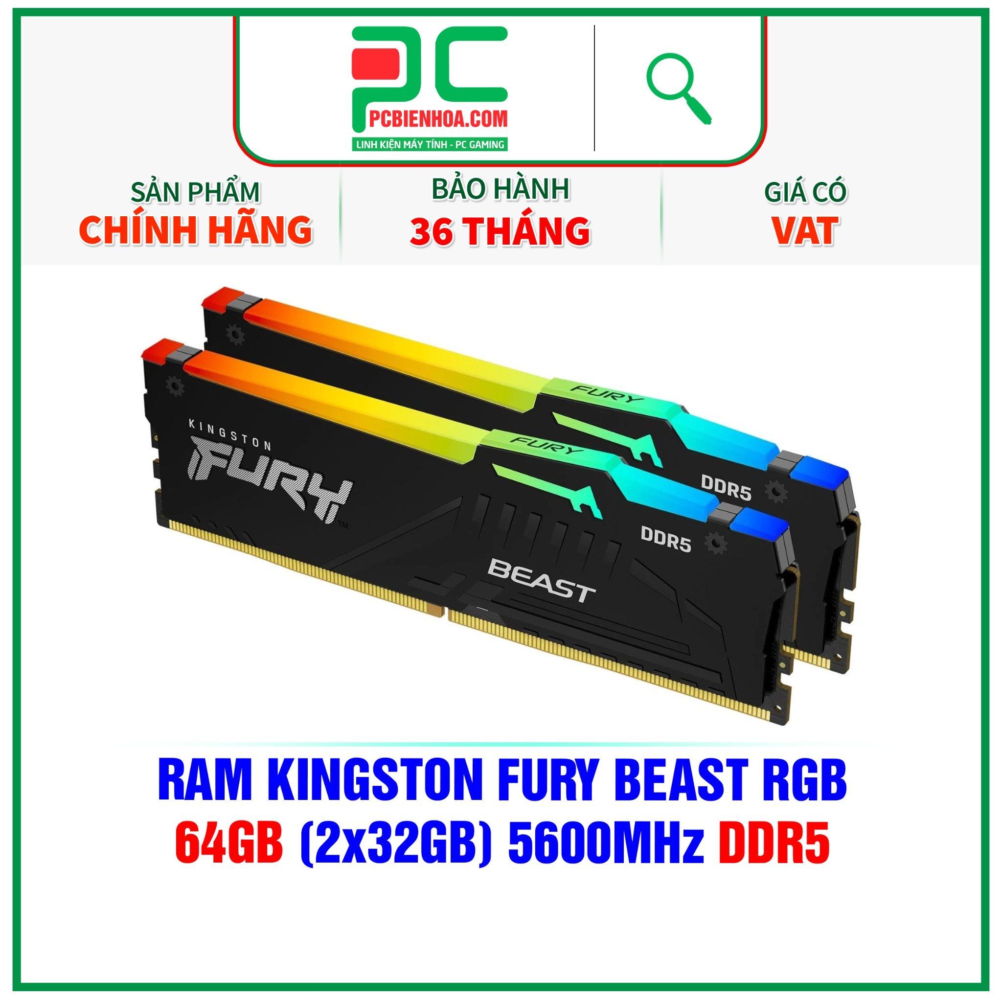  RAM KINGSTON FURY BEAST RGB 64GB (2x32GB) 5600MHz DDR5 ( KF556C40BBAK2-64 ) 