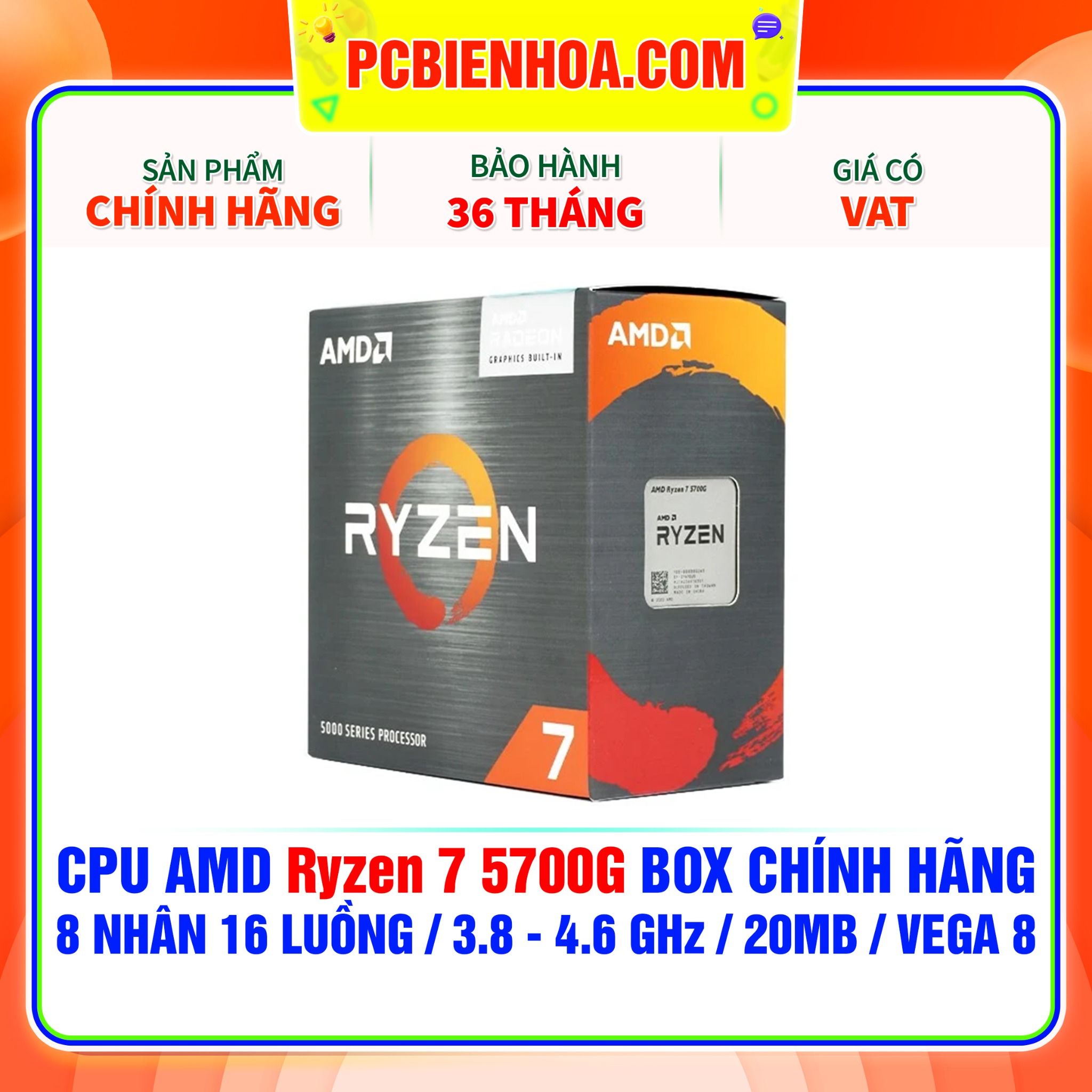  CPU AMD Ryzen 7 5700G BOX CHÍNH HÃNG ( 8 NHÂN 16 LUỒNG / 3.8 - 4.6 GHz / 20MB / VEGA 8 ) 