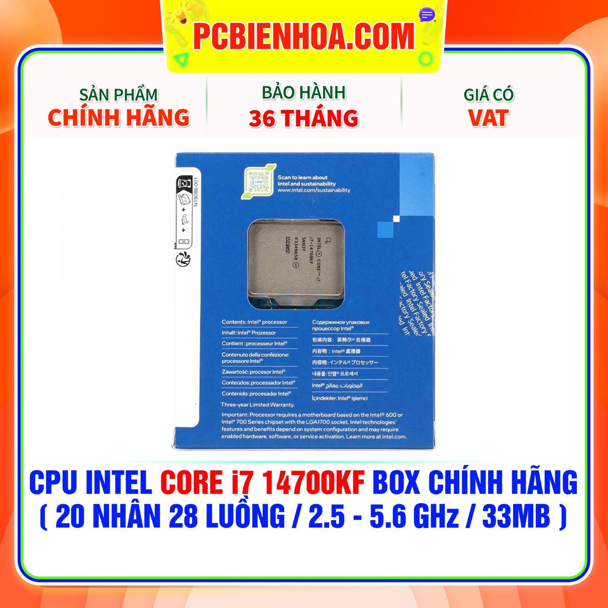  CPU Intel Core i7 14700KF BOX CHÍNH HÃNG ( 20 NHÂN 28 LUỒNG / 2.5 - 5.6 GHz / 33MB ) 