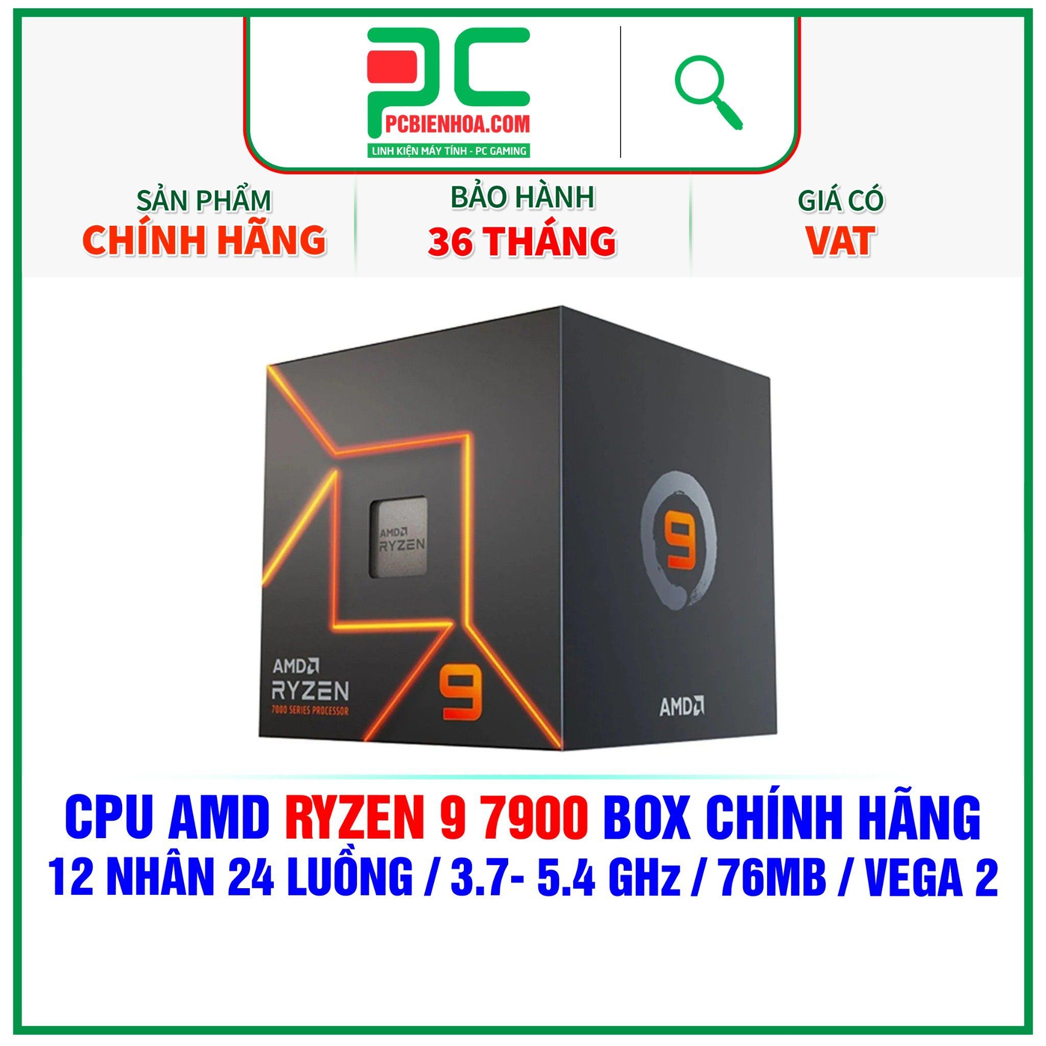  CPU AMD Ryzen 9 7900 BOX CHÍNH HÃNG ( 12 NHÂN 24 LUỒNG / 3.7- 5.4 GHz / 76MB / RADEON VEGA 2 GRAPHICS ) 