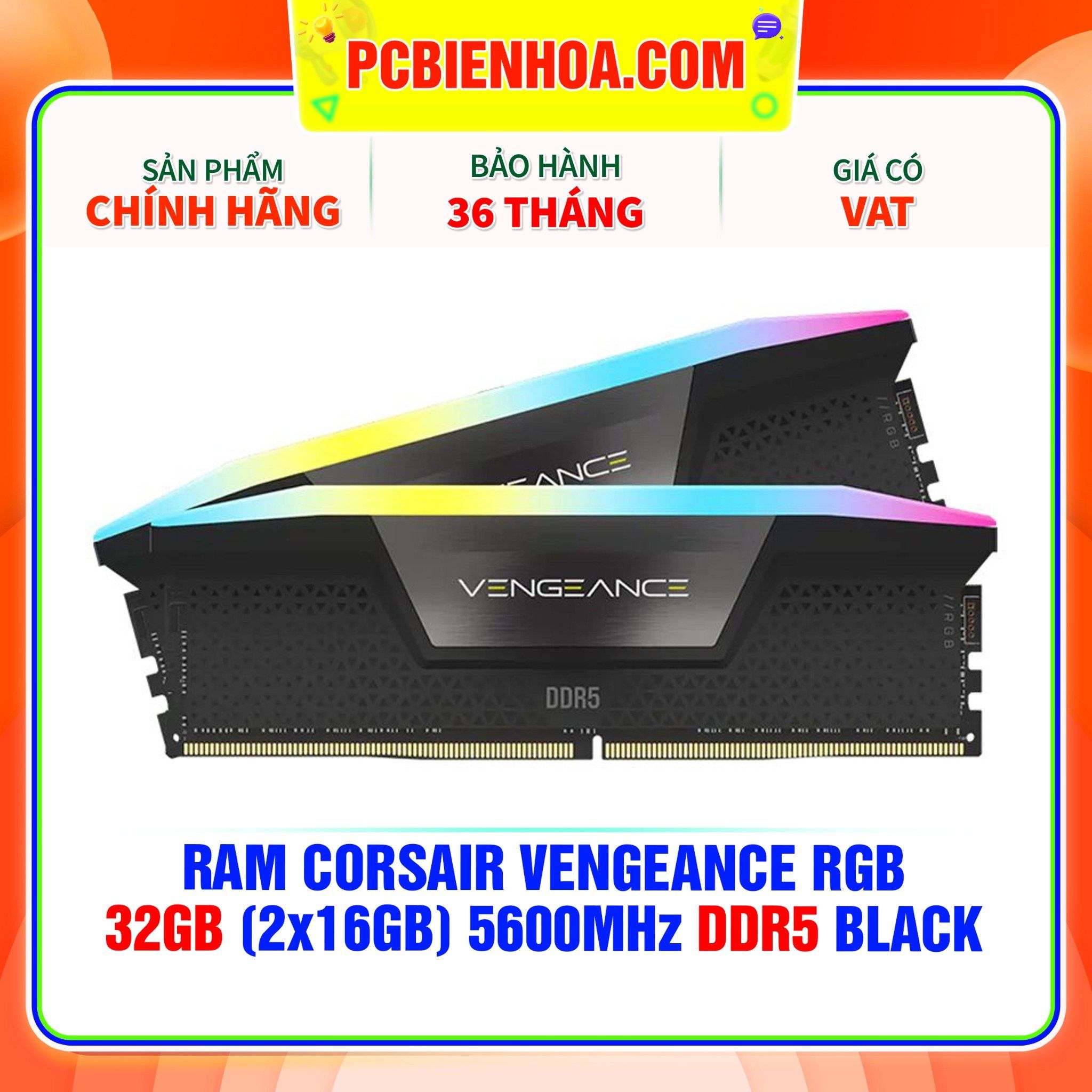  RAM CORSAIR VENGEANCE RGB 64GB (2x32GB) 5600MHz DDR5 C36 BLACK (CMH64GX5M2B5600C36) 