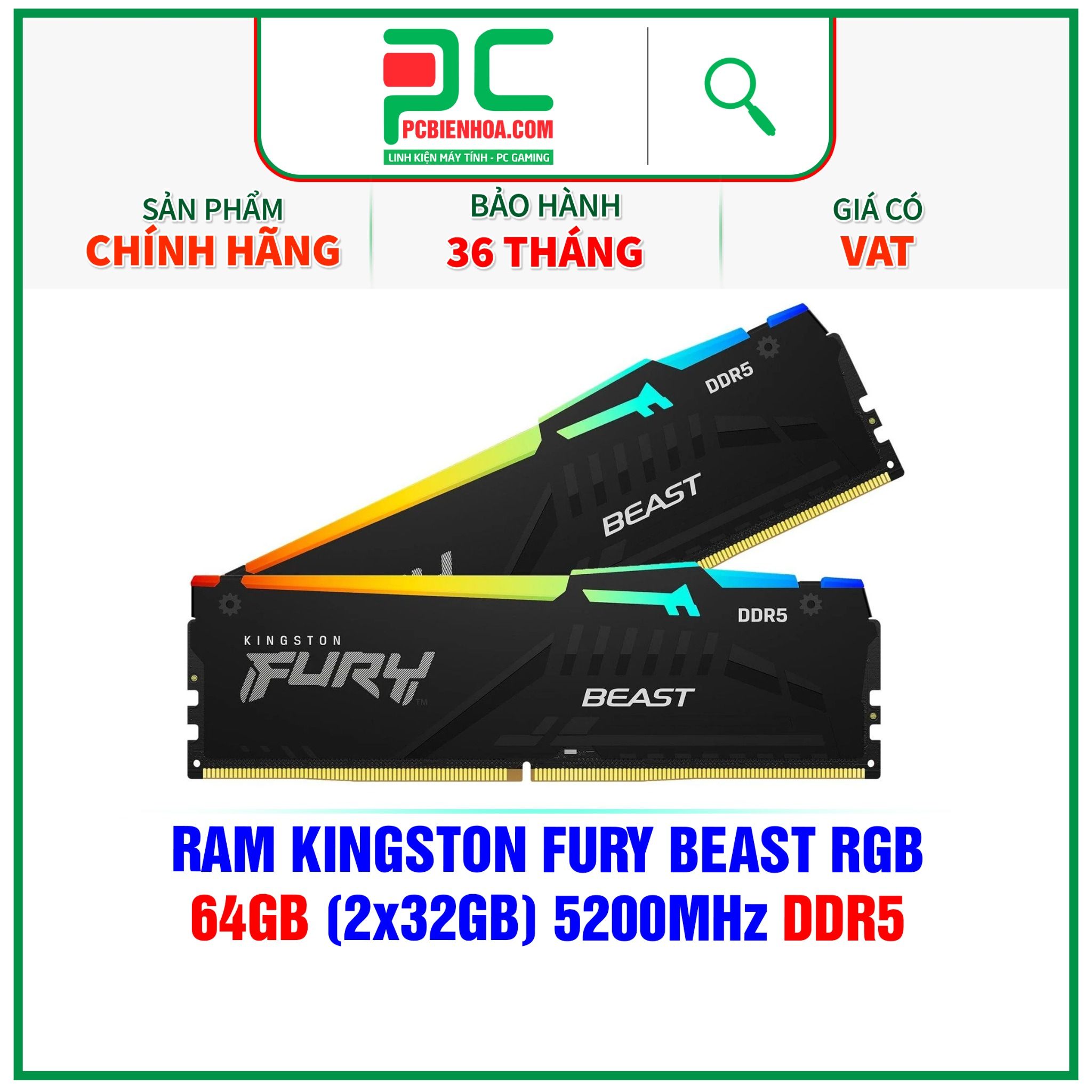  RAM KINGSTON FURY BEAST RGB 64GB (2x32GB) 5200MHz DDR5 ( KF552C40BBAK2-64 ) 