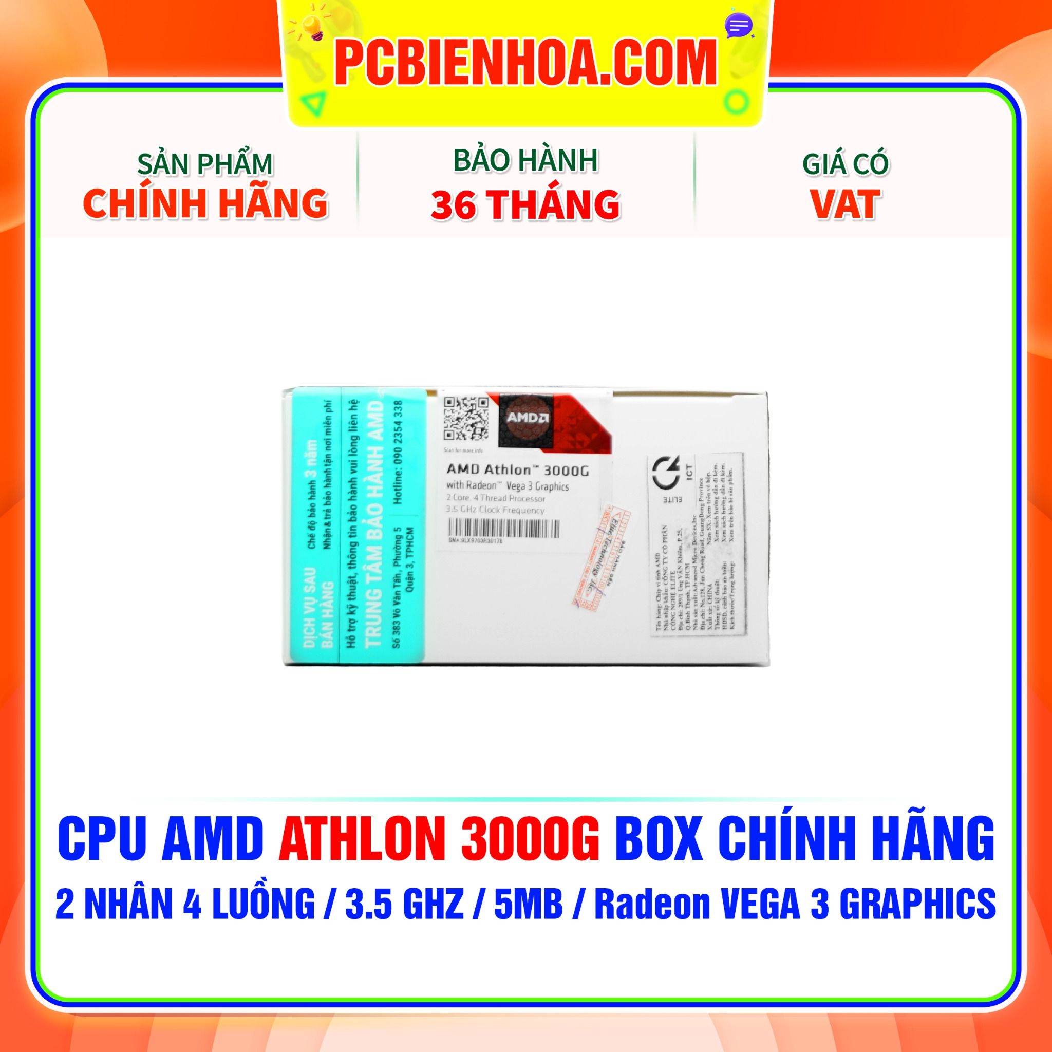  CPU AMD ATHLON 3000G BOX CHÍNH HÃNG ( 2 NHÂN 4 LUỒNG / 3.5 GHz / 5MB / RADEON VEGA 3 GRAPHICS ) 