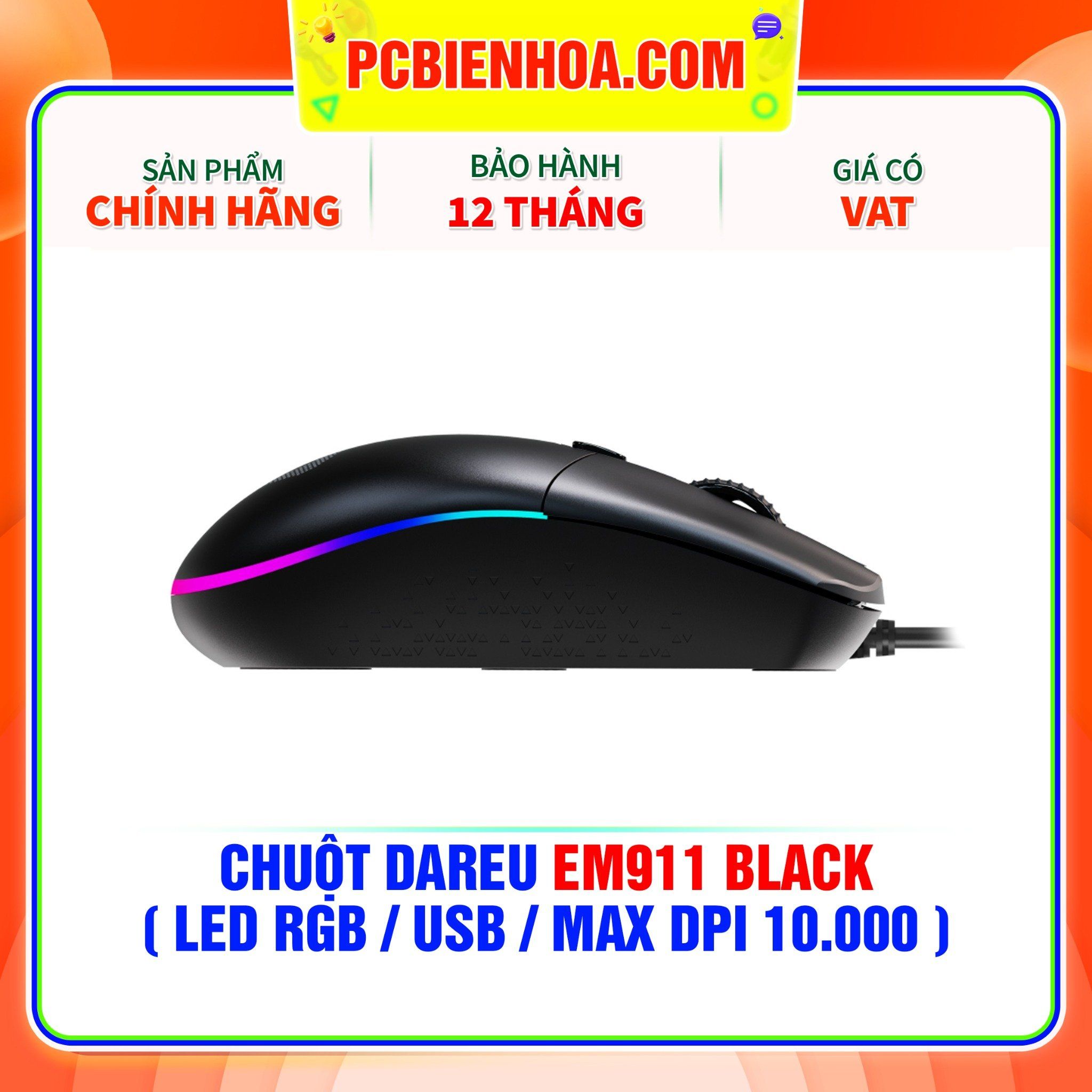  CHUỘT DAREU EM911 BLACK ( LED RGB / USB / MAX DPI 10.000 ) 