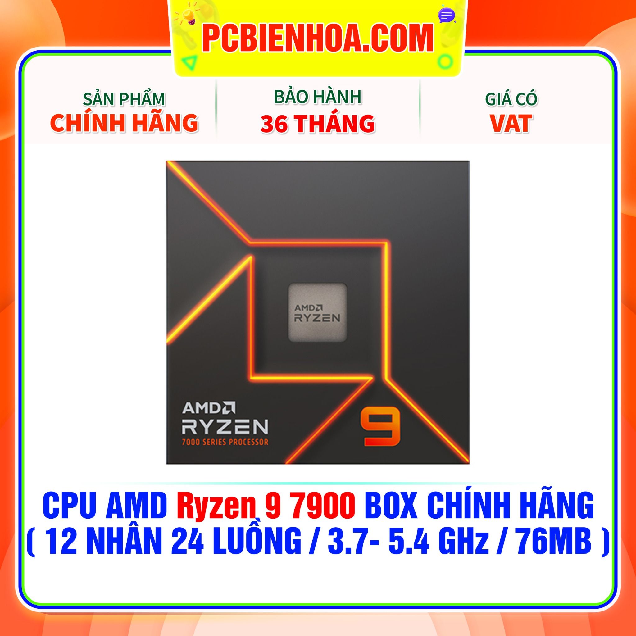  CPU AMD Ryzen 9 7900 BOX CHÍNH HÃNG ( 12 NHÂN 24 LUỒNG / 3.7- 5.4 GHz / 76MB ) 