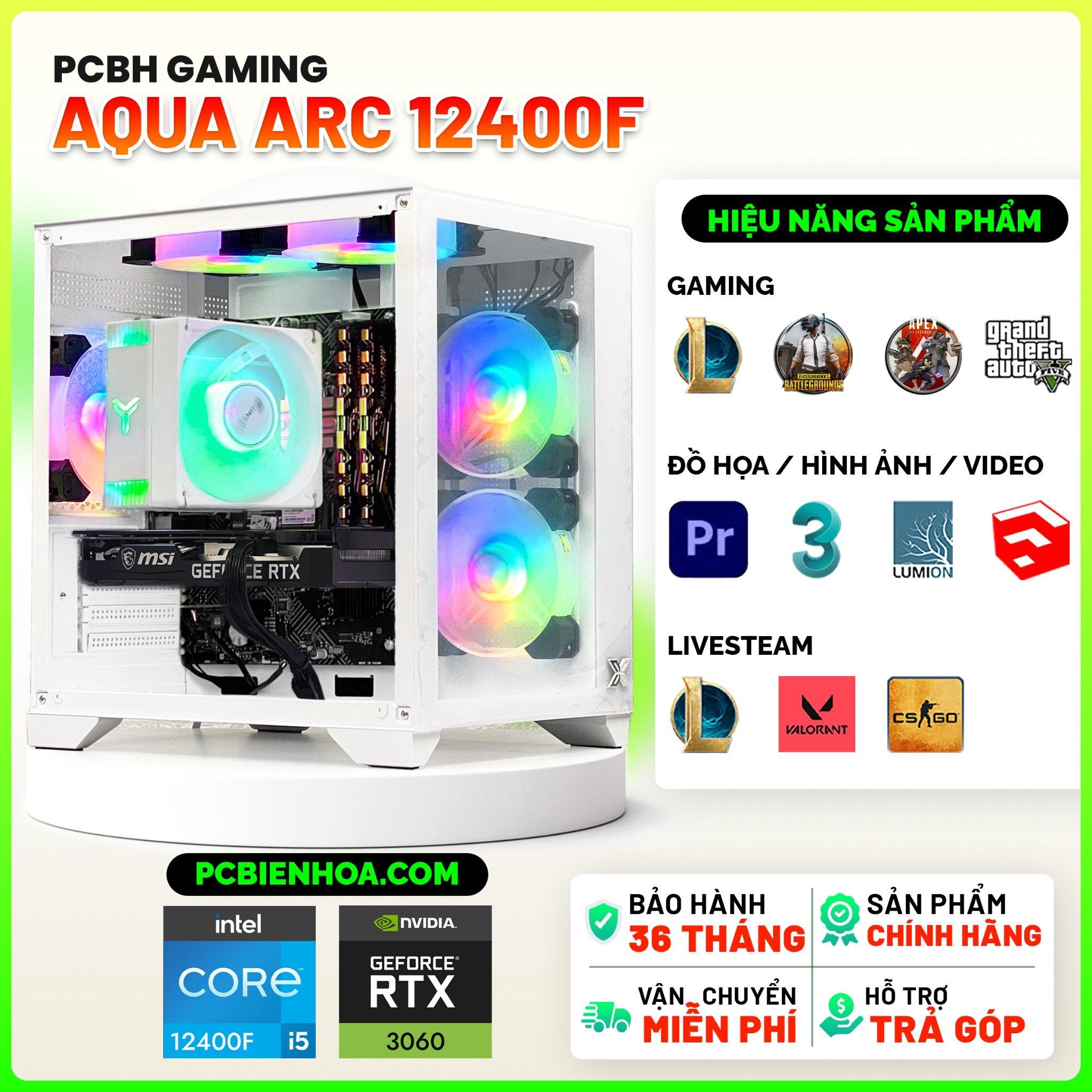  PCBH GAMING AQUA ARC CORE i5 12400F / B760M / RTX3060 12GB / 16GB / 500GB 