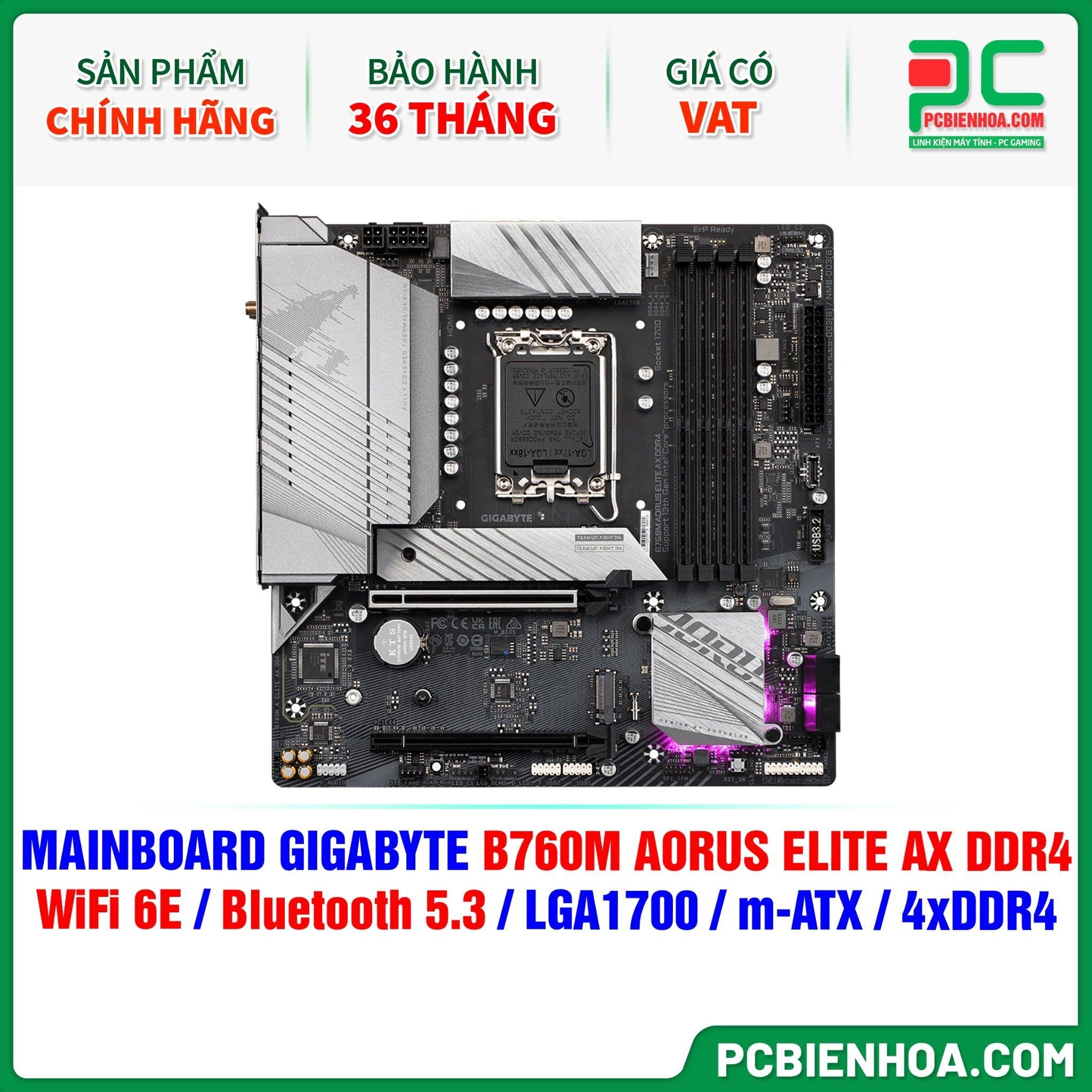  MAINBOARD GIGABYTE B760M AORUS ELITE AX DDR4 ( WiFi 6E / Bluetooth 5.3 / LGA1700 / m-ATX / 4xDDR4 ) 