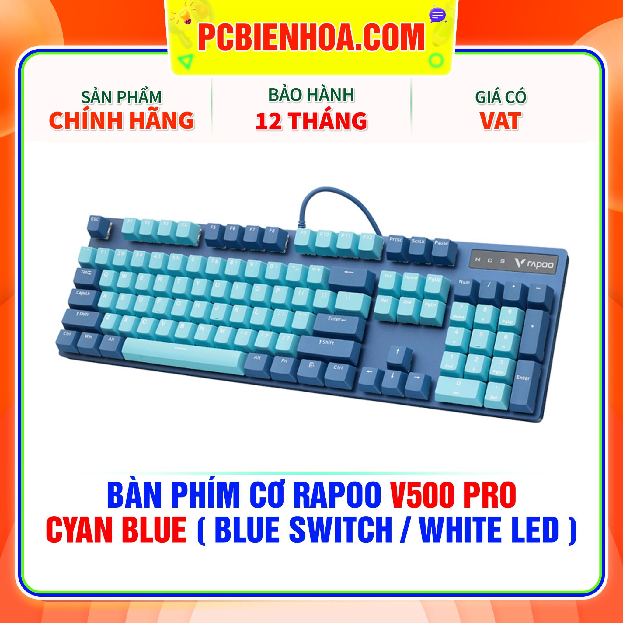  BÀN PHÍM CƠ RAPOO V500 PRO - CYAN BLUE ( BLUE SWITCH / WHITE LED ) 