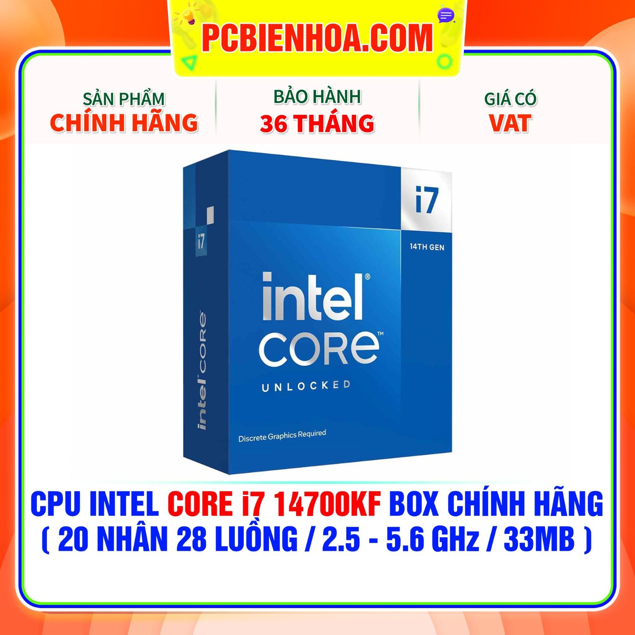  CPU Intel Core i7 14700KF BOX CHÍNH HÃNG ( 20 NHÂN 28 LUỒNG / 2.5 - 5.6 GHz / 33MB ) 