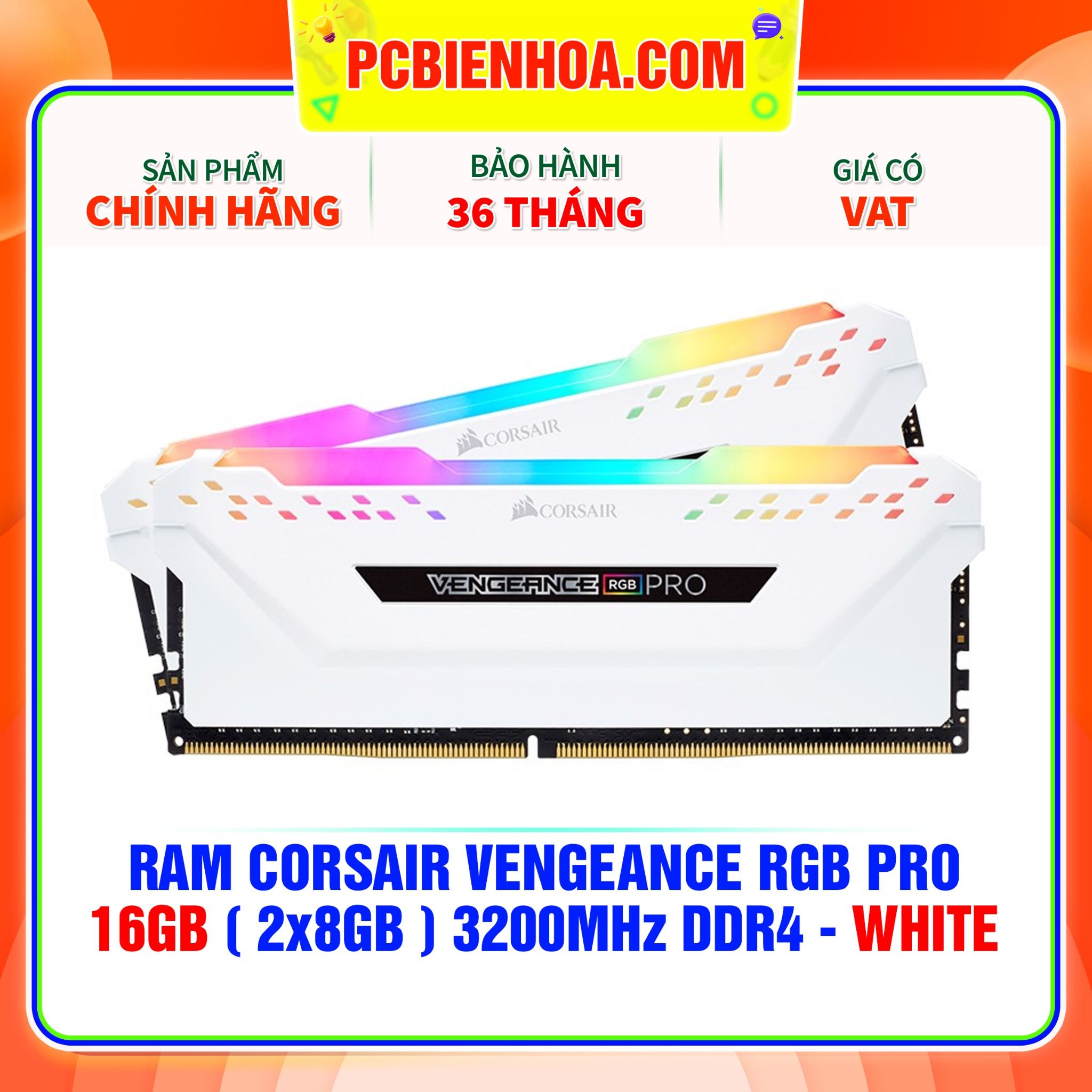  RAM CORSAIR VENGEANCE RGB PRO 16GB (2x8GB ) 3200MHz DDR4 - WHITE (CMW16GX4M2C3200C16W) 