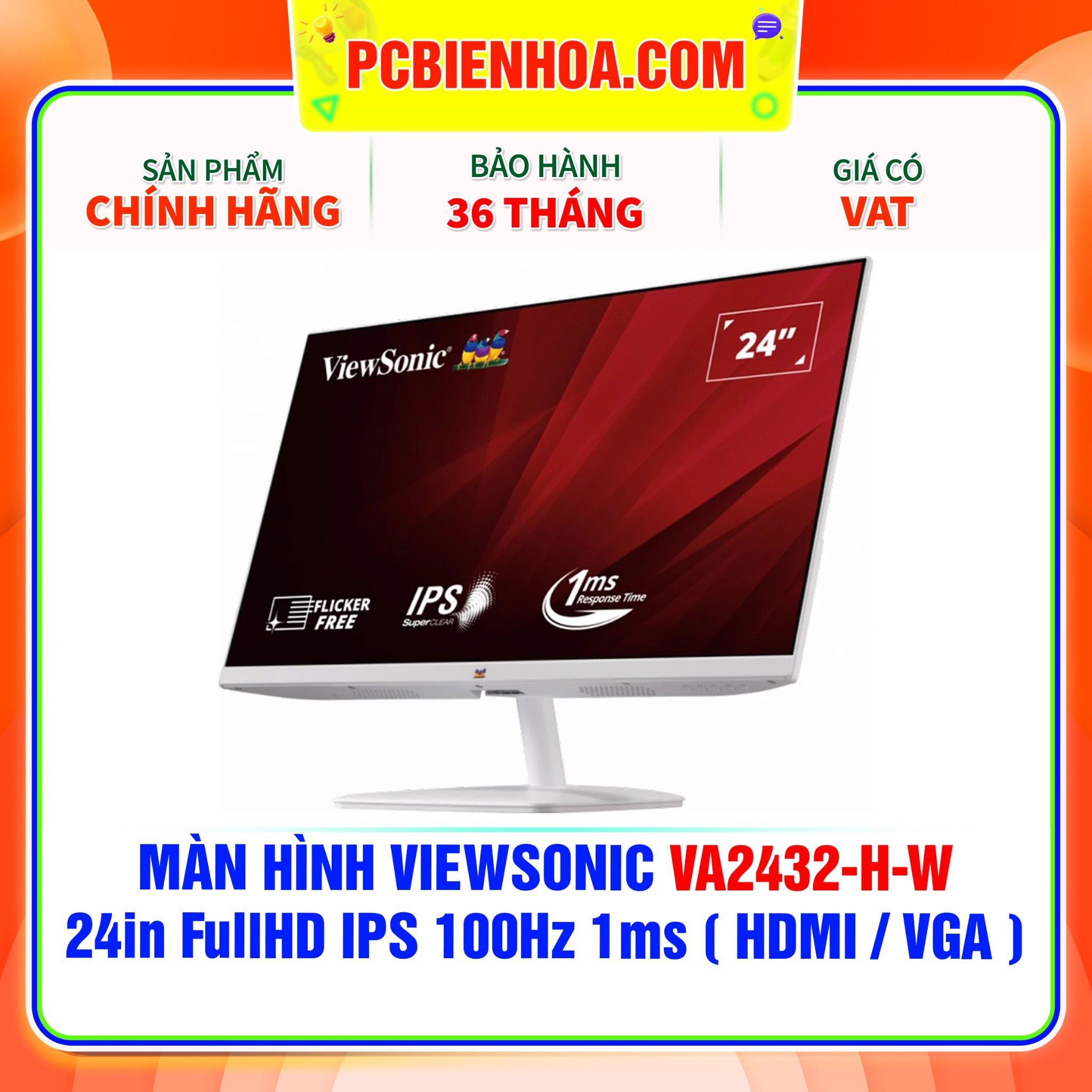  MÀN HÌNH VIEWSONIC VA2432-H-W - 24in FullHD IPS 100Hz 1ms ( MÀU TRẮNG - HDMI / VGA ) 
