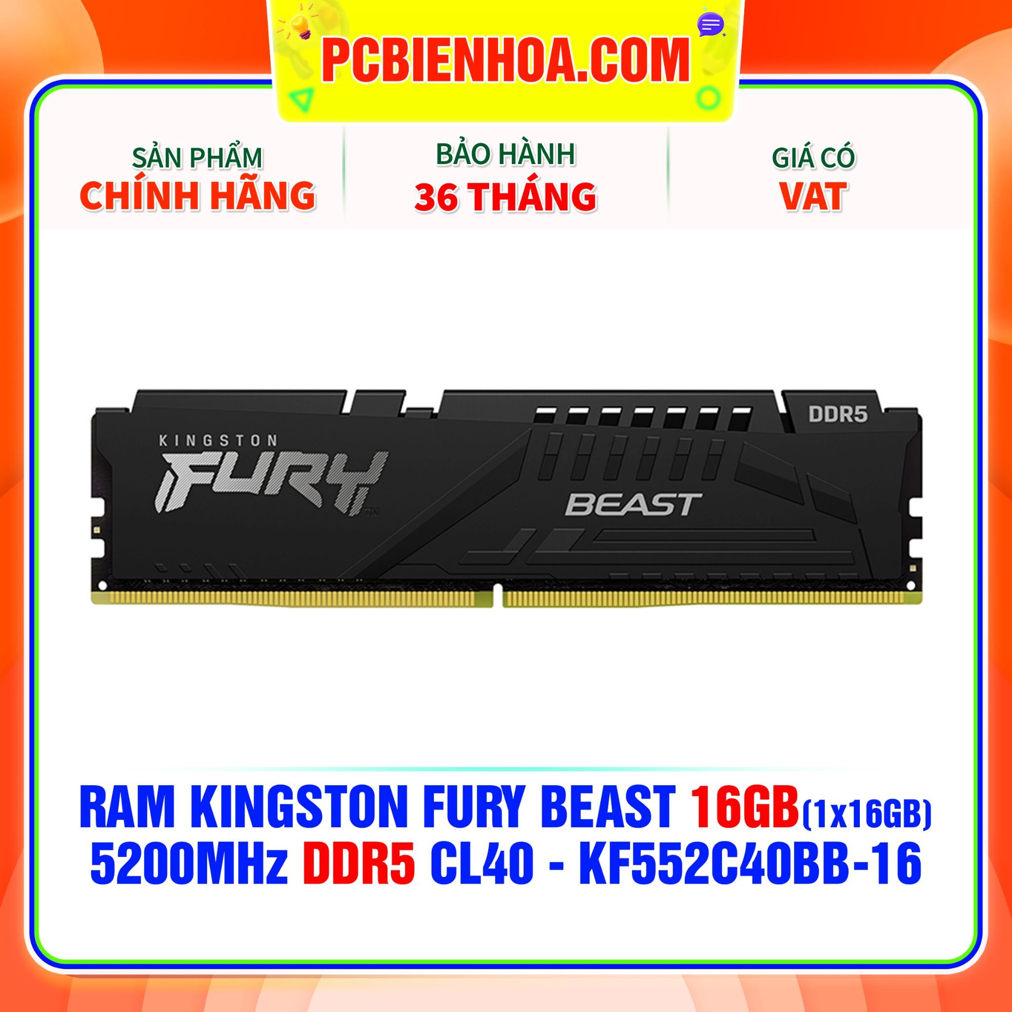  RAM KINGSTON FURY BEAST 16GB (1x16GB) 5200MHz DDR5 CL40 - KF552C40BB-16 