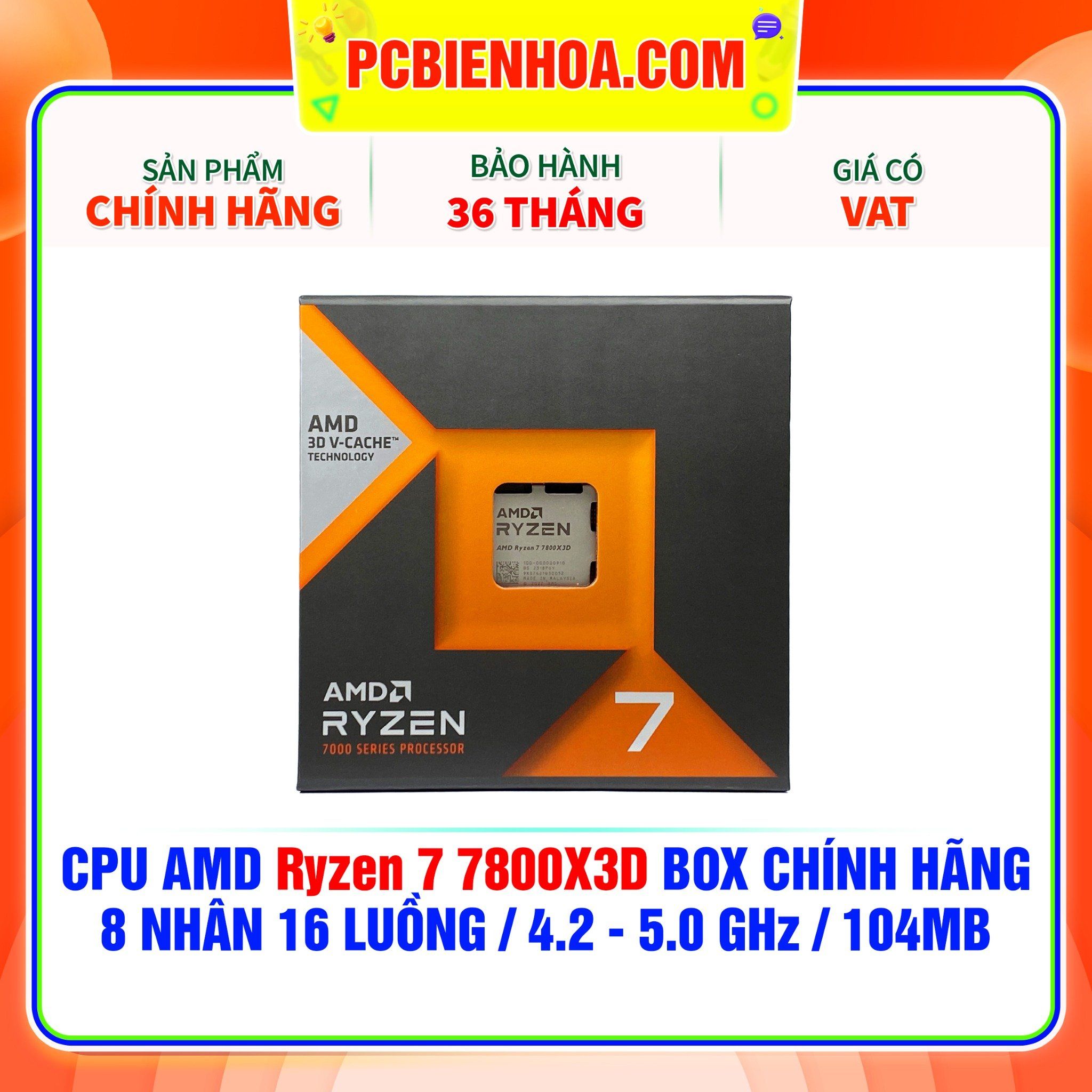  CPU AMD Ryzen 7 7800X3D BOX CHÍNH HÃNG ( 8 NHÂN 16 LUỒNG / 4.2 - 5.0 GHz / 104MB ) 