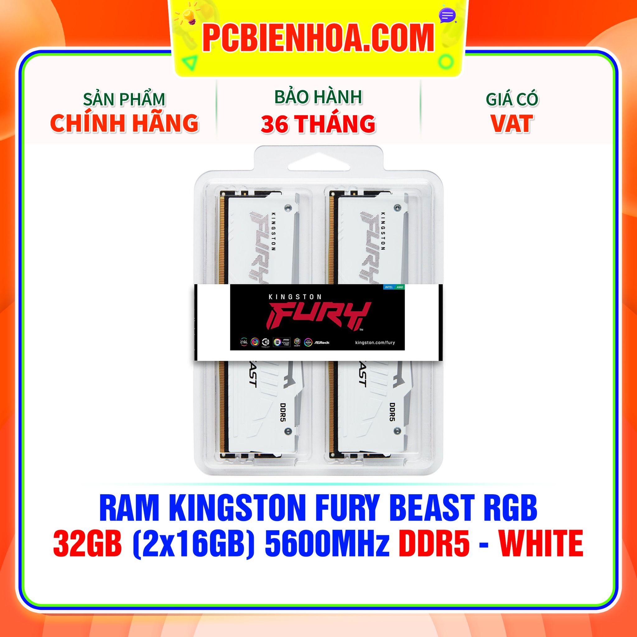  RAM KINGSTON FURY BEAST RGB 32GB (2x16GB) 5600MHz DDR5 - WHITE ( KF556C40BWAK2-32 ) 