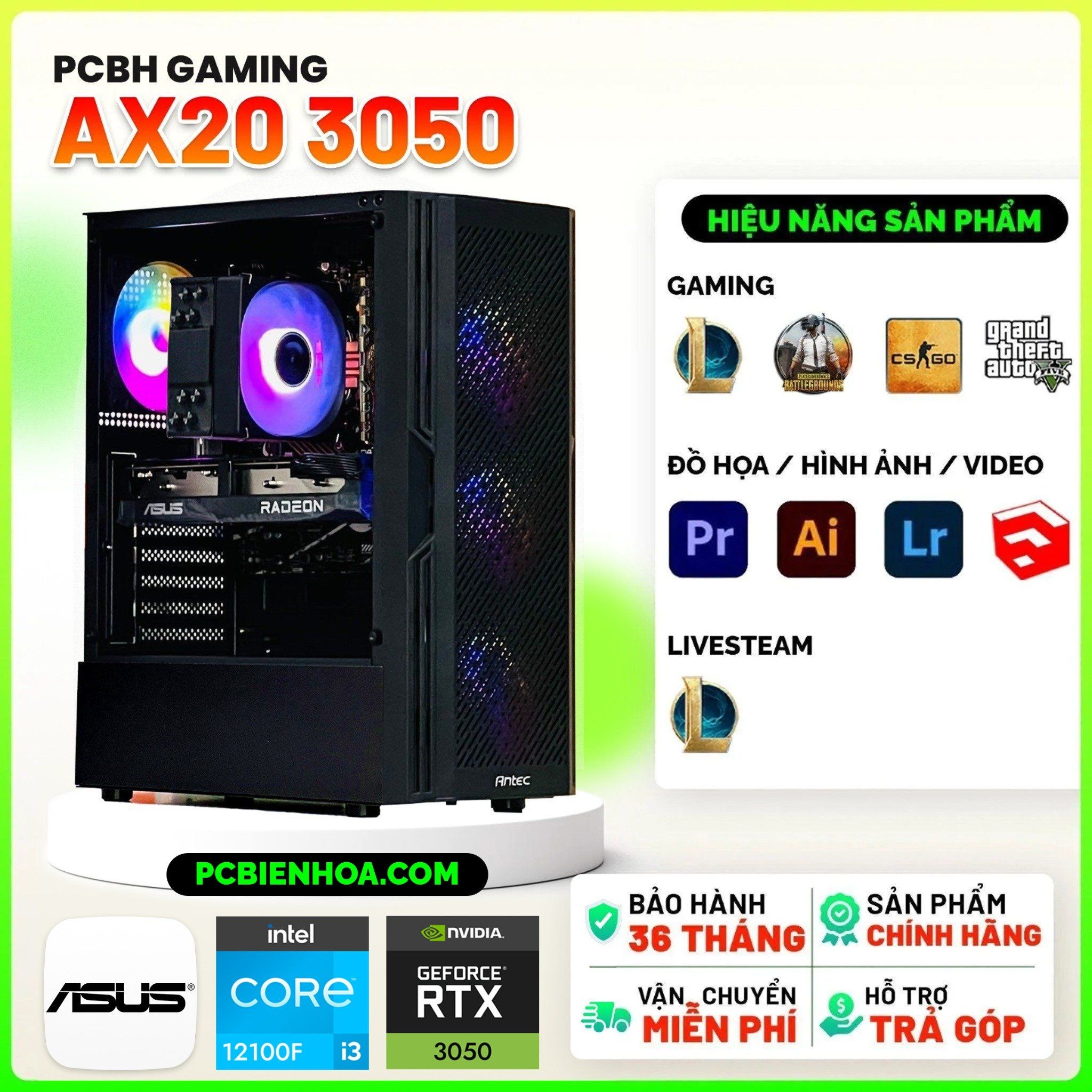  PCBH GAMING ASUS AX20 INTEL CORE i3 12100F / H610M / RTX3050 6GB / 16GB / 256GB 